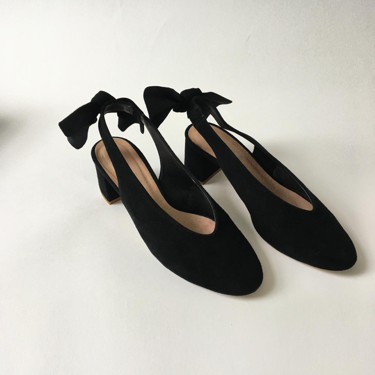 Black suede Office slingback shoes with bow detail... - Depop