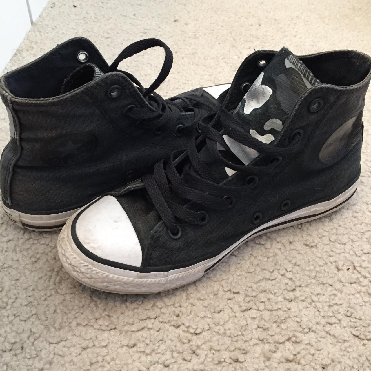 black and white camo converse high tops womens size... - Depop