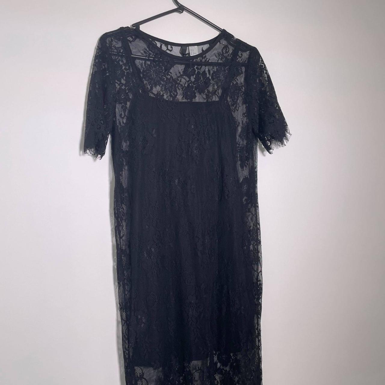 Black Lace Midi Dress by H&M Size 10. Black slip... - Depop