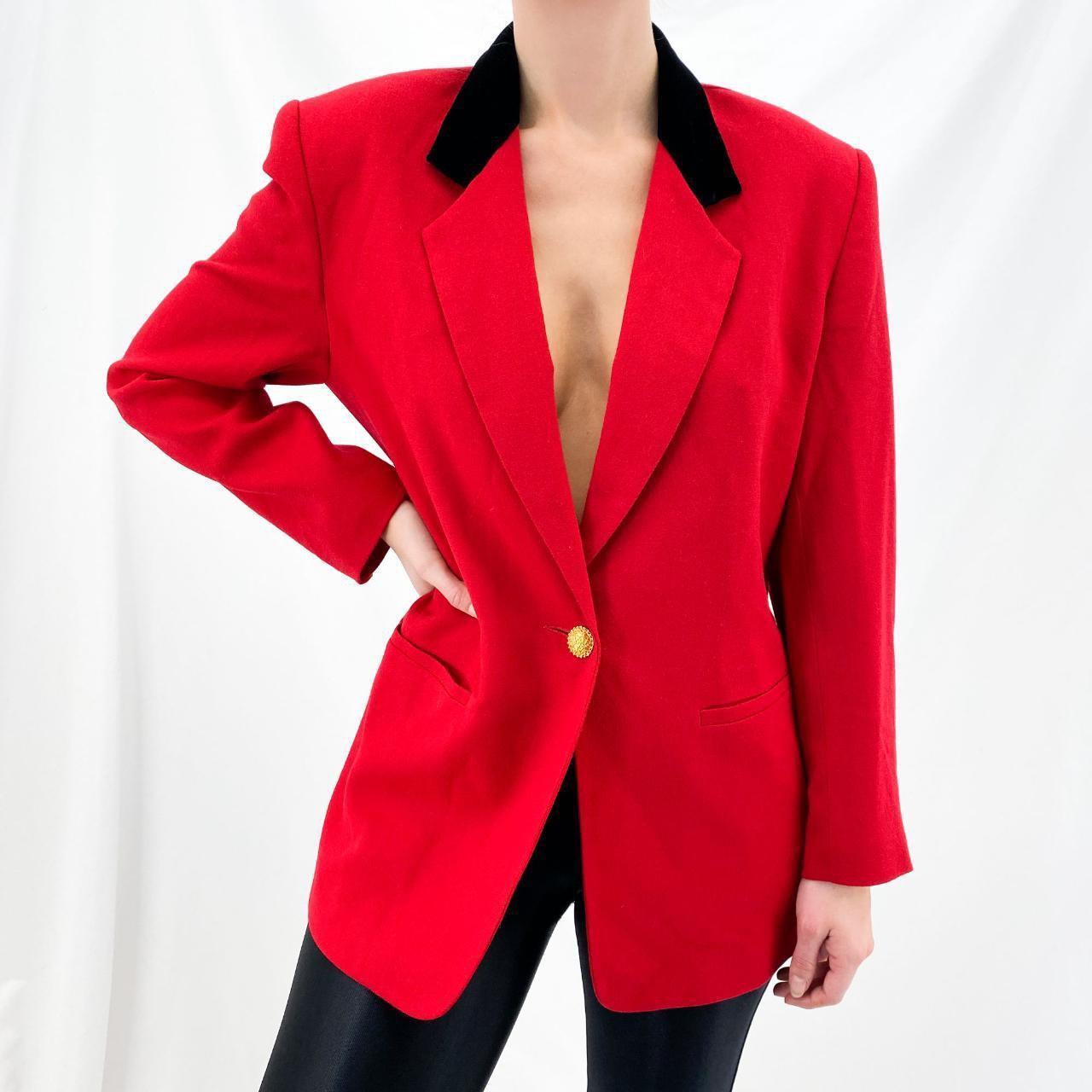 women's red blazer with black collar