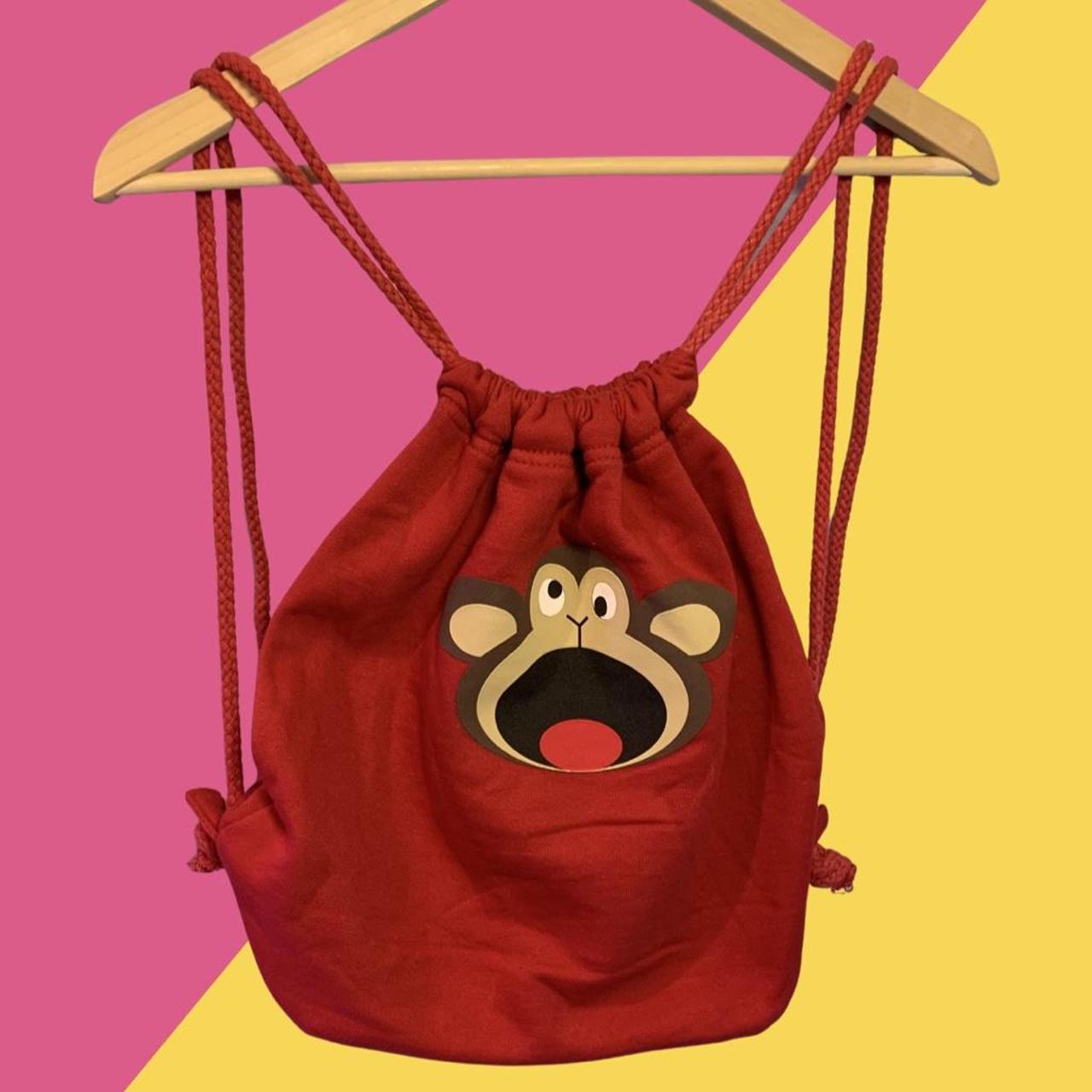 Red Drawstring Monkey Backpack Y2K Tilt Brand Cinch... Depop