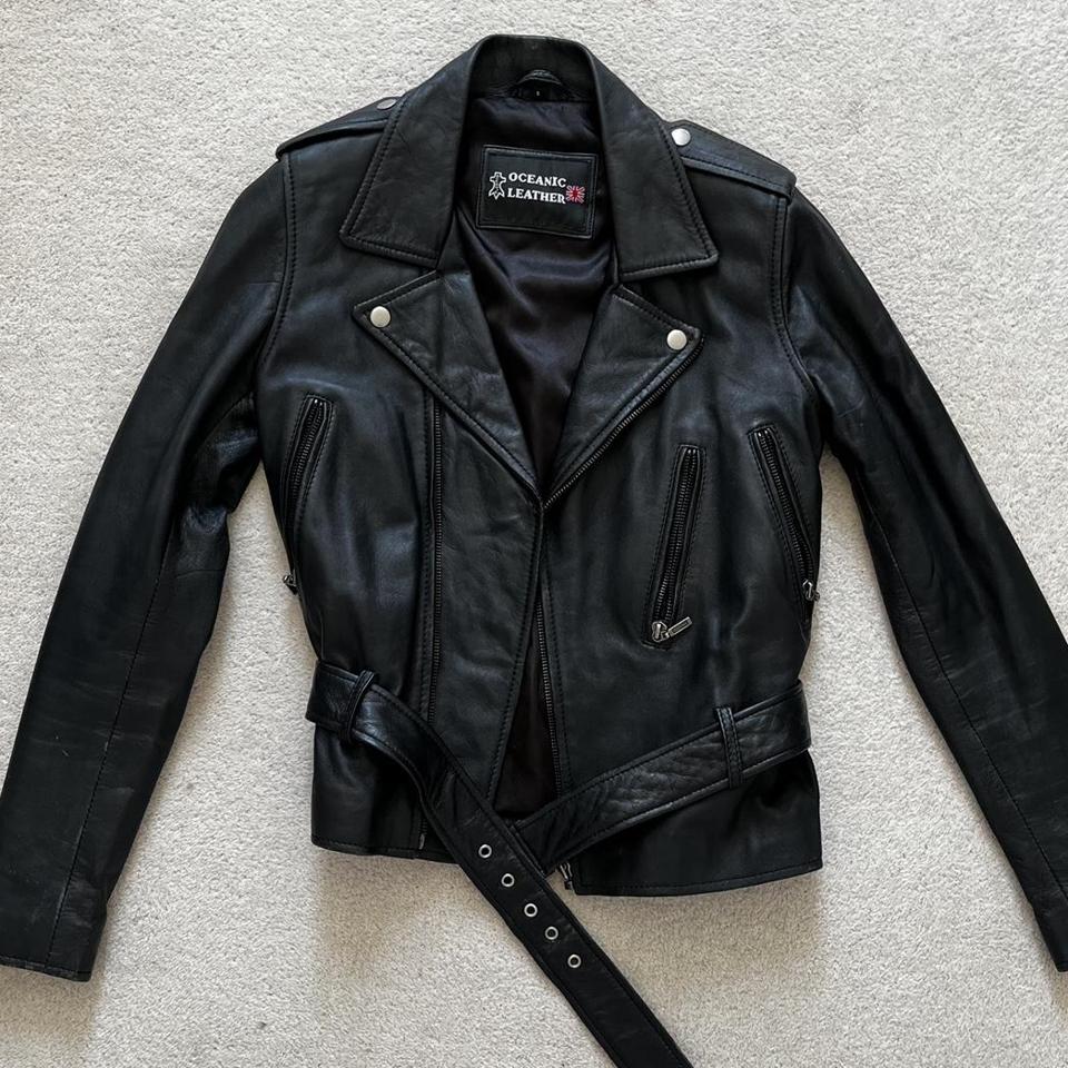 Y2k black leather jacket with a belt. Oceanic... - Depop