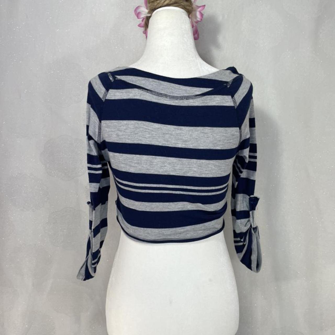 Grey and navy striped graphic tee crop top size S... - Depop