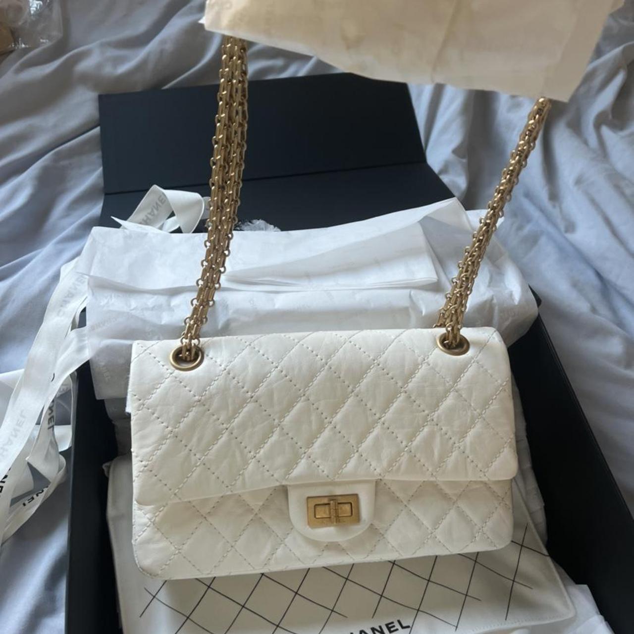 Chanel Women's White and Gold Bag | Depop