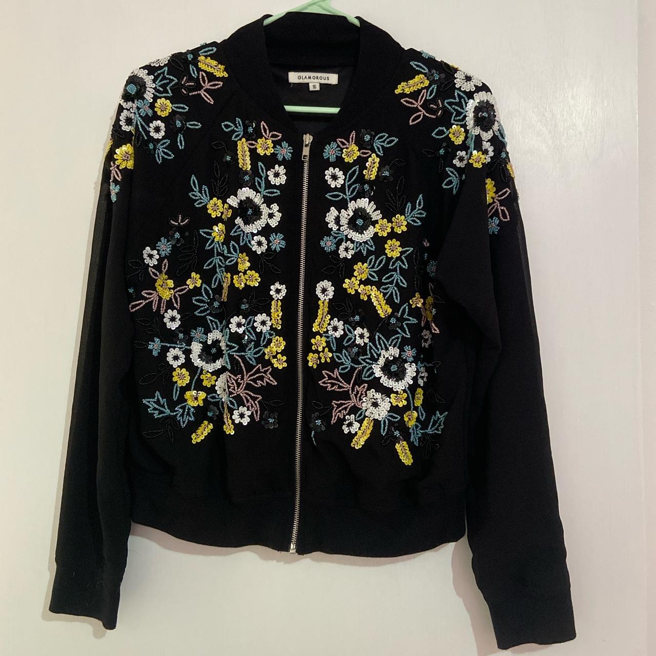 Floral sequin/beaded black bomber jacket with white,... - Depop