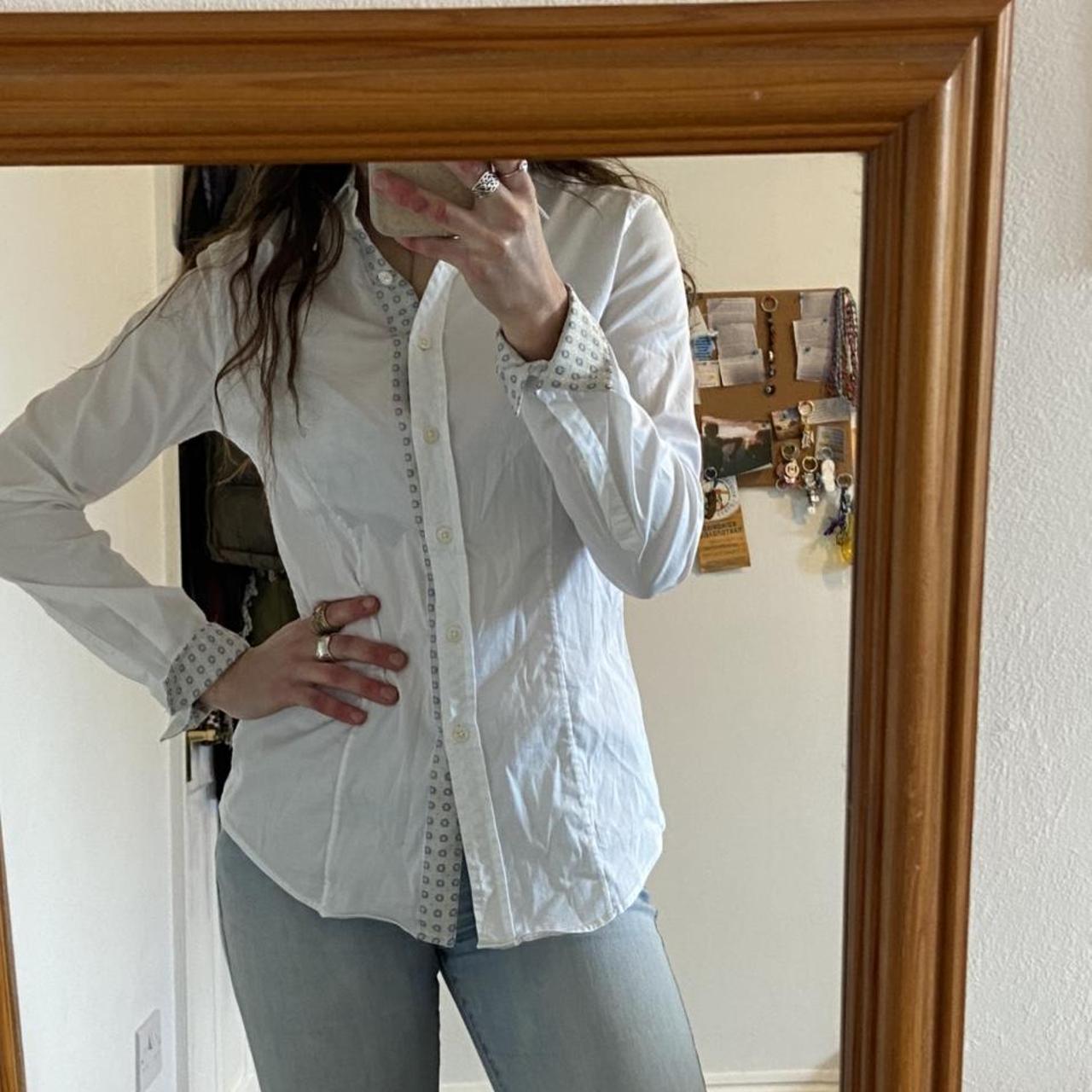 Vintage White button up shirt with funky pattern... - Depop