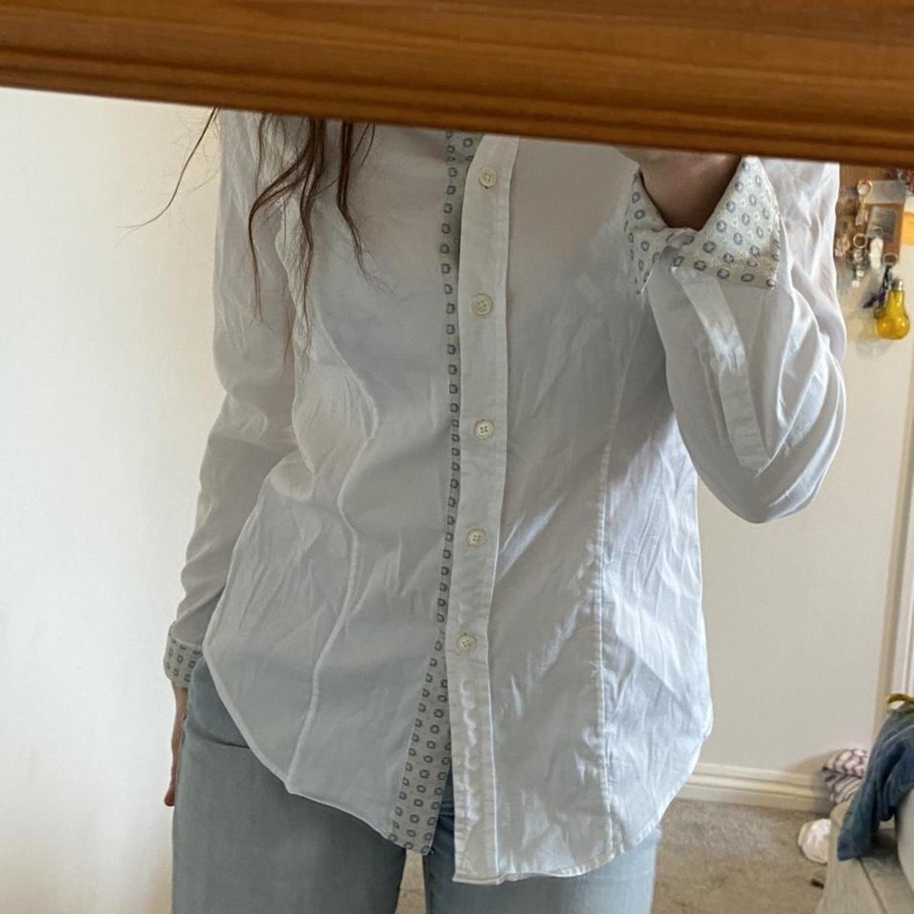 Vintage White button up shirt with funky pattern... - Depop