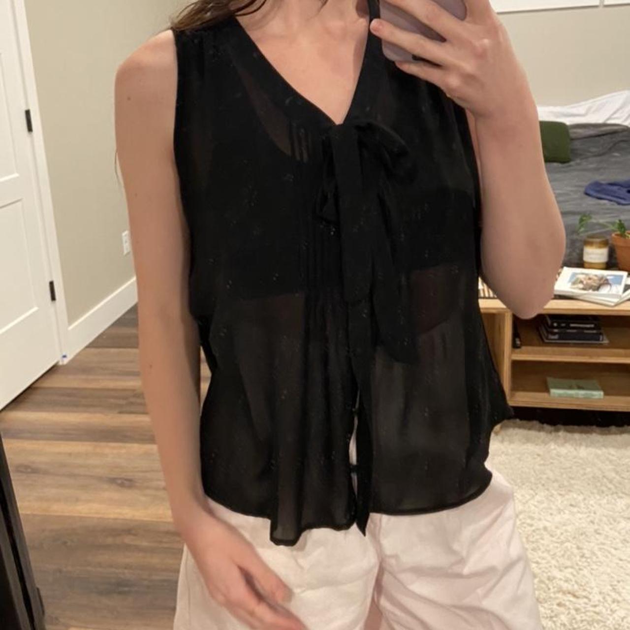 Black chiffon button down tank top blouse with tie... Depop