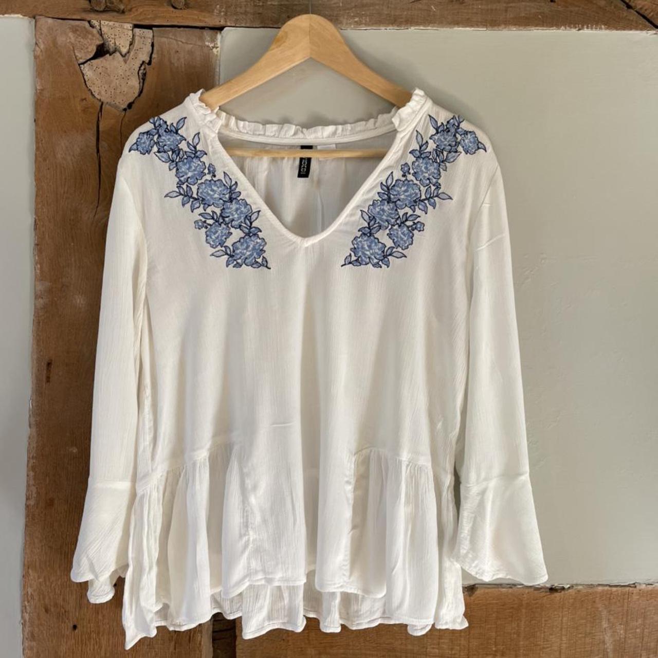 H&M white boho top with blue embroidered... - Depop