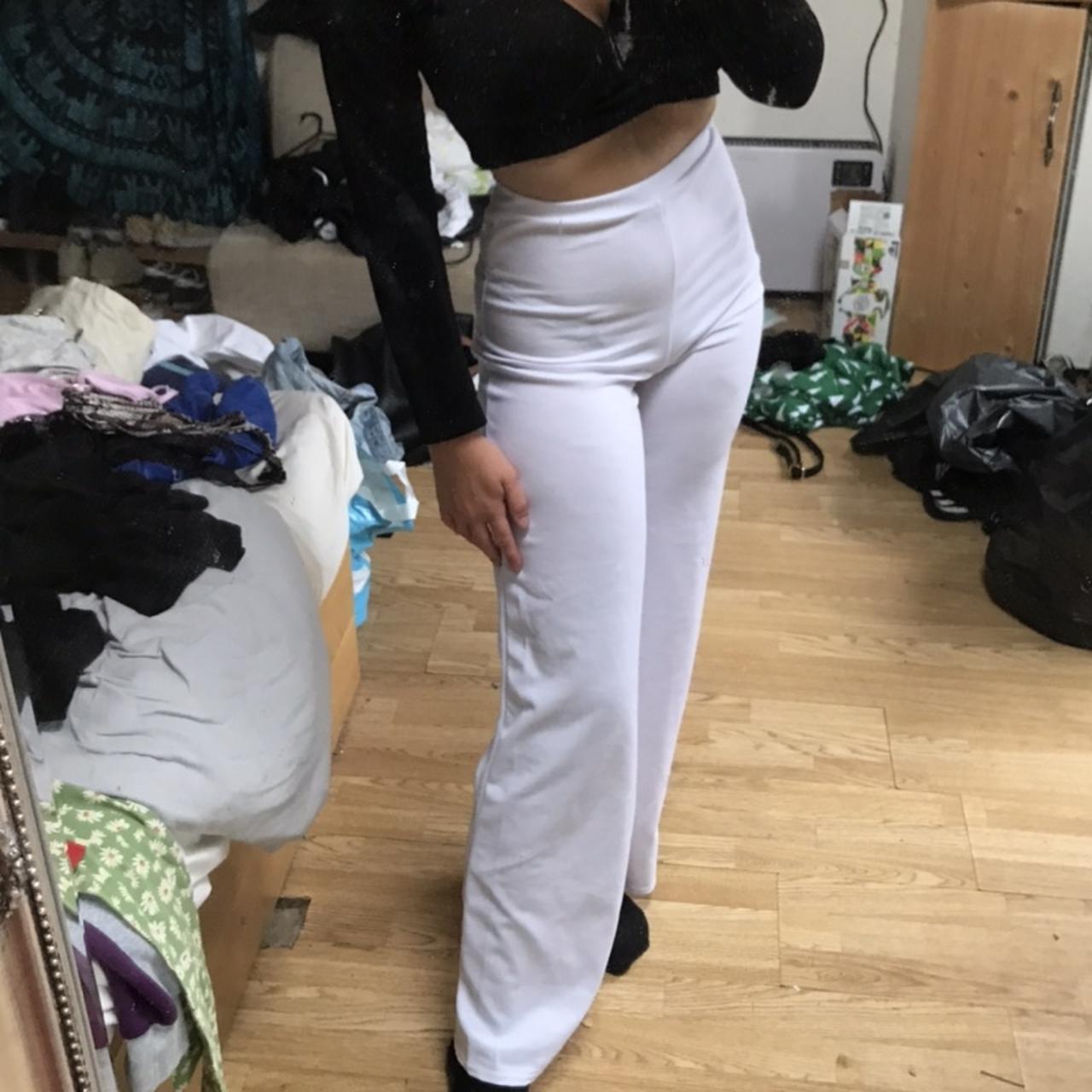 High waisted white flared trousers from pretty - Depop