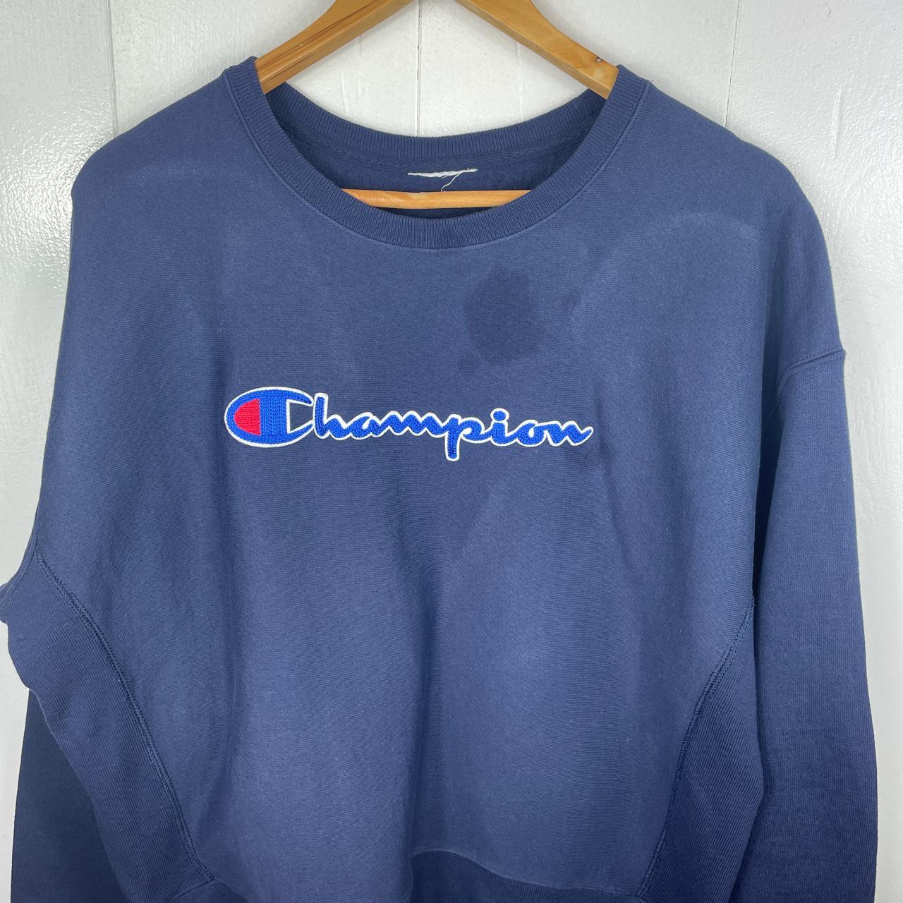 Champion vintage spellout sweatshirt in navy.... - Depop