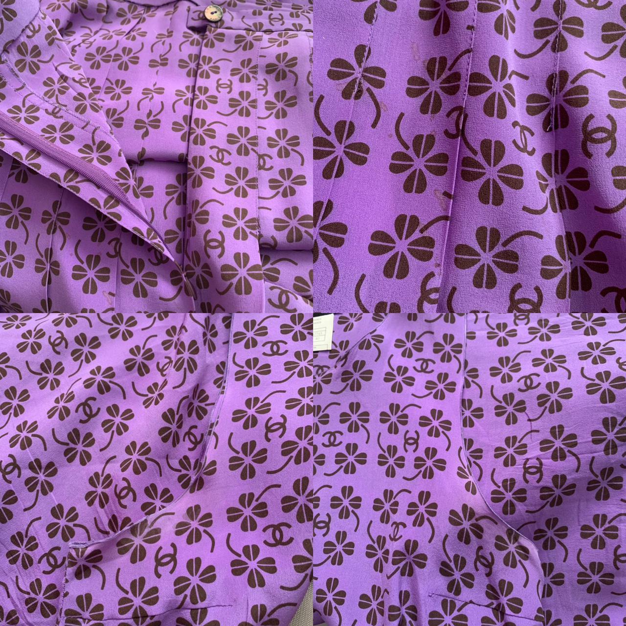 Chanel purple silk logo mania set. Sleeveless blouse