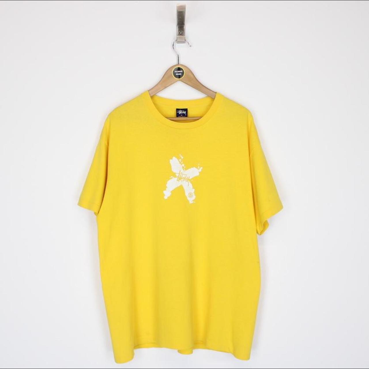 Stüssy Men's Yellow and White T-shirt | Depop