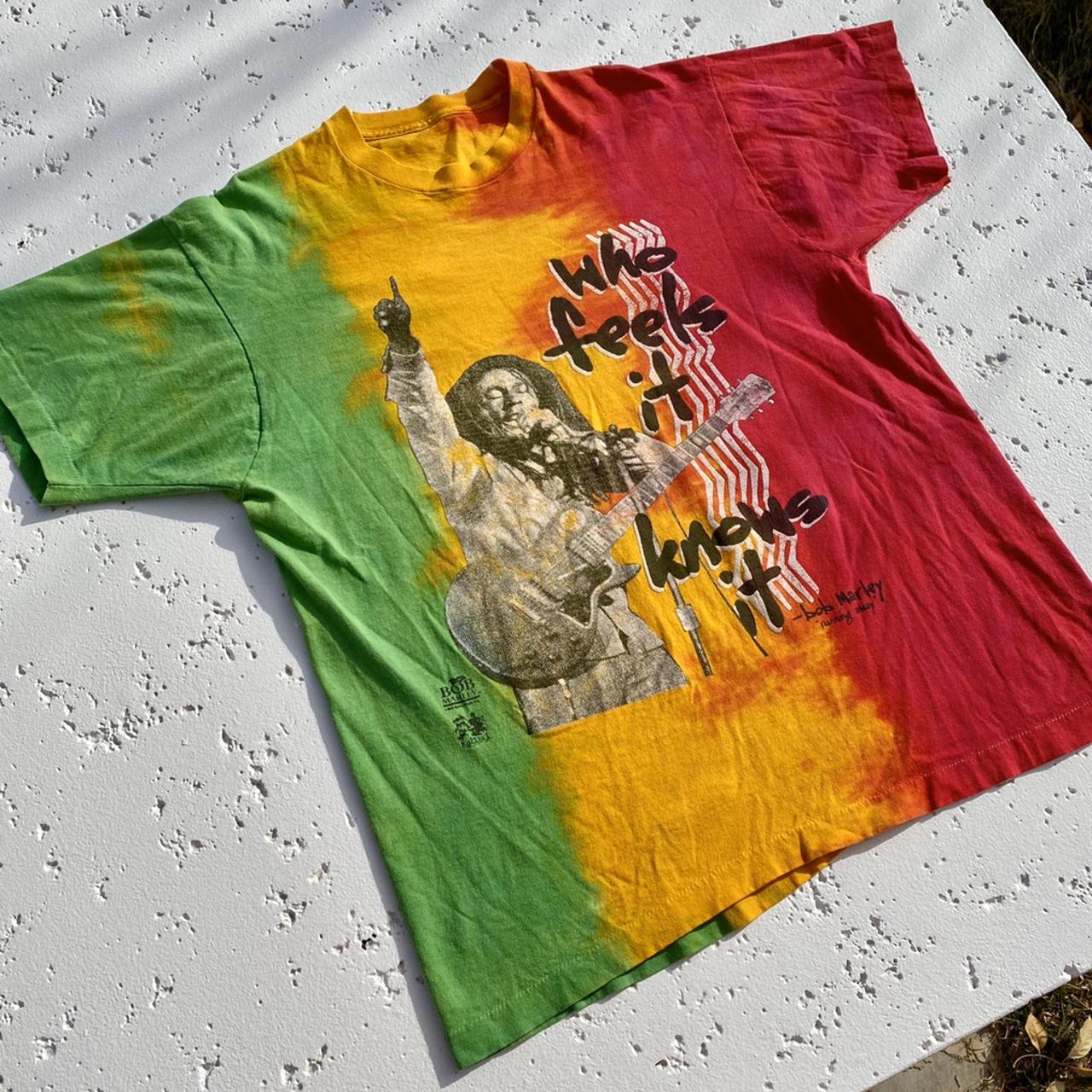 90s Bob Marley “WHO FEELS IT KNOWS IT” tie dye Rasta... - Depop