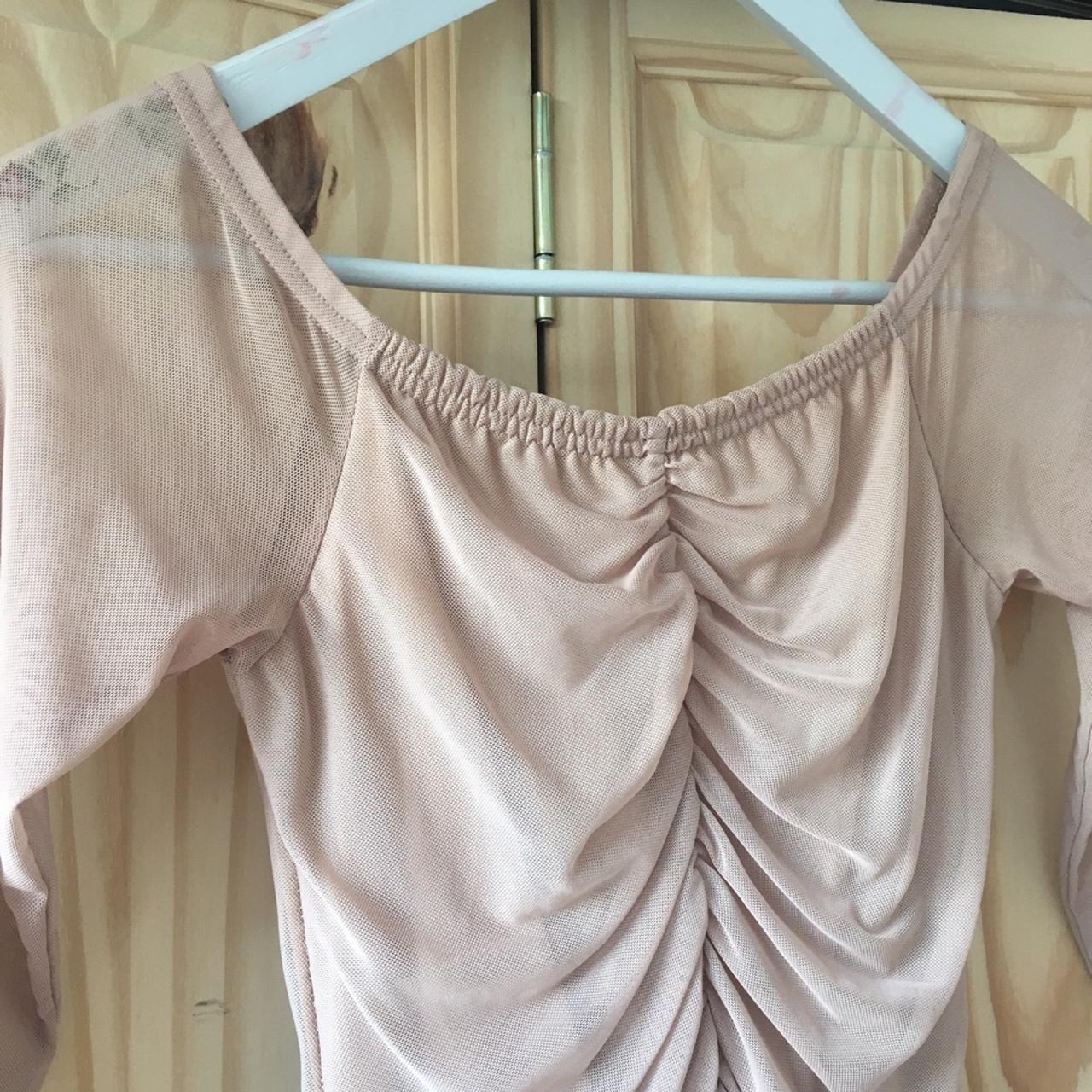 Nude ruched mesh midi dress from Missguided, size... - Depop