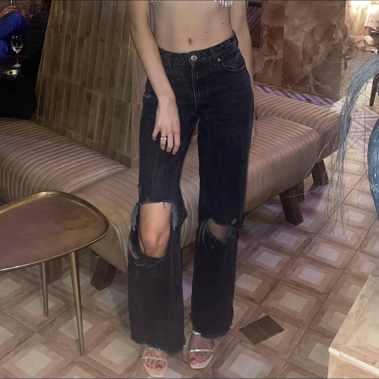 Zara black extreme rip knee black denim jeans in... - Depop