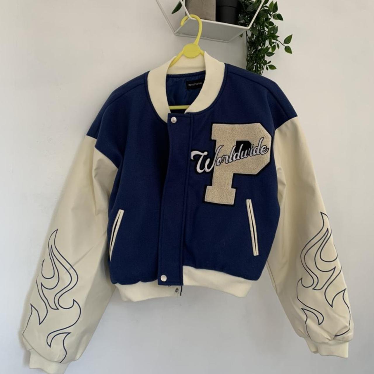 PLT Varsity bomber jacket blue leather... Depop