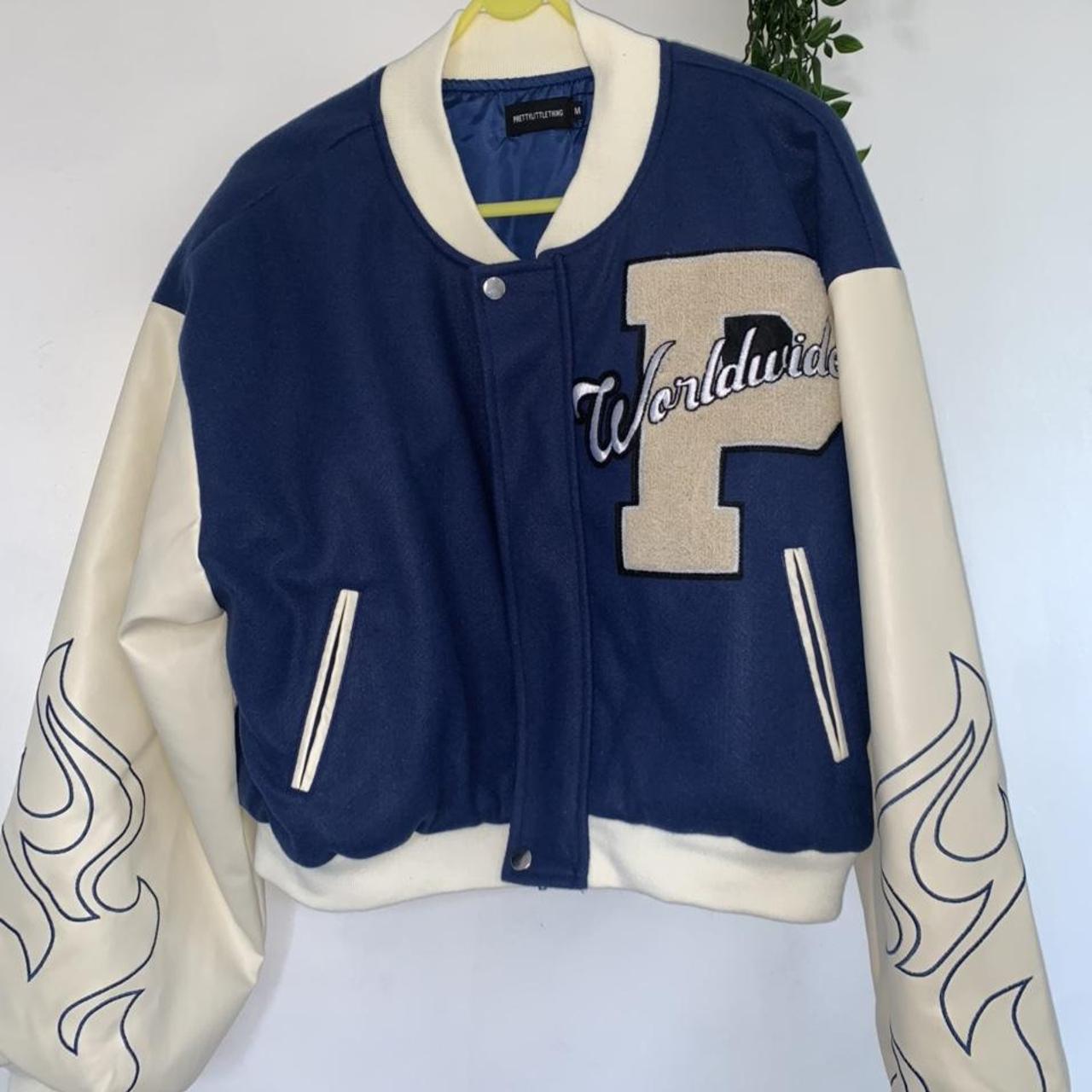 PLT Varsity bomber jacket blue leather... Depop