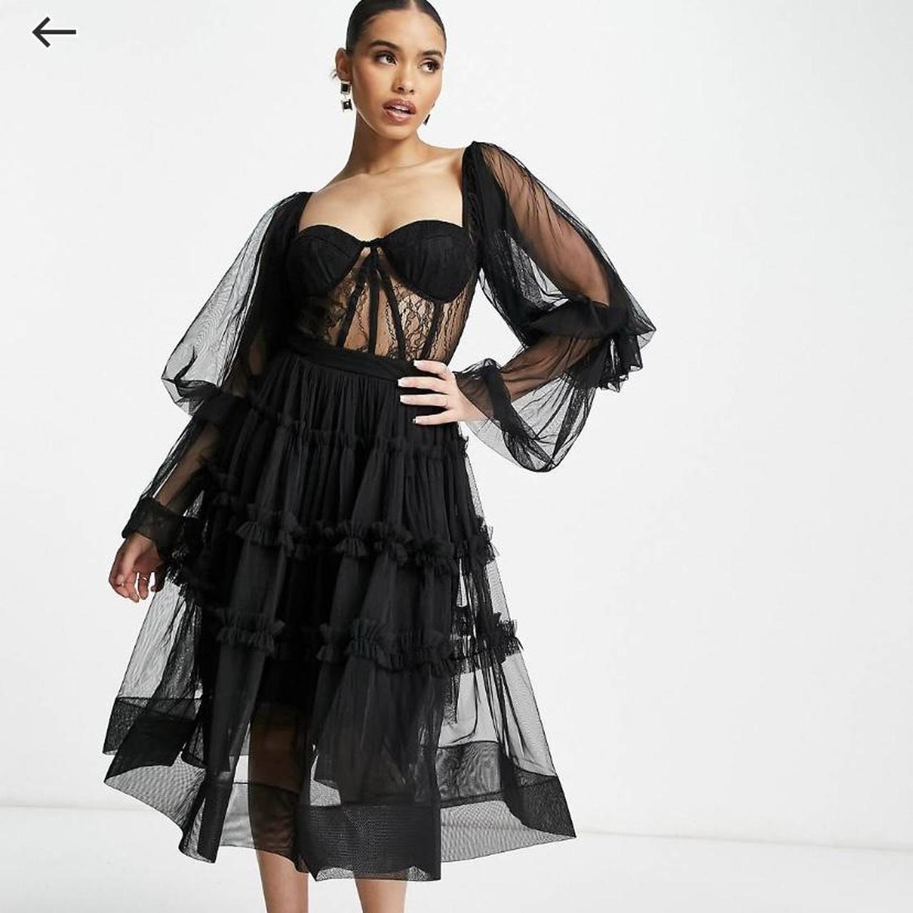 Lace & Beads corset tulle midi dress in black Size... Depop