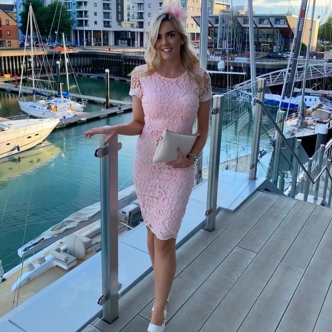 Pale/baby pink lace midi dress from AX Depop