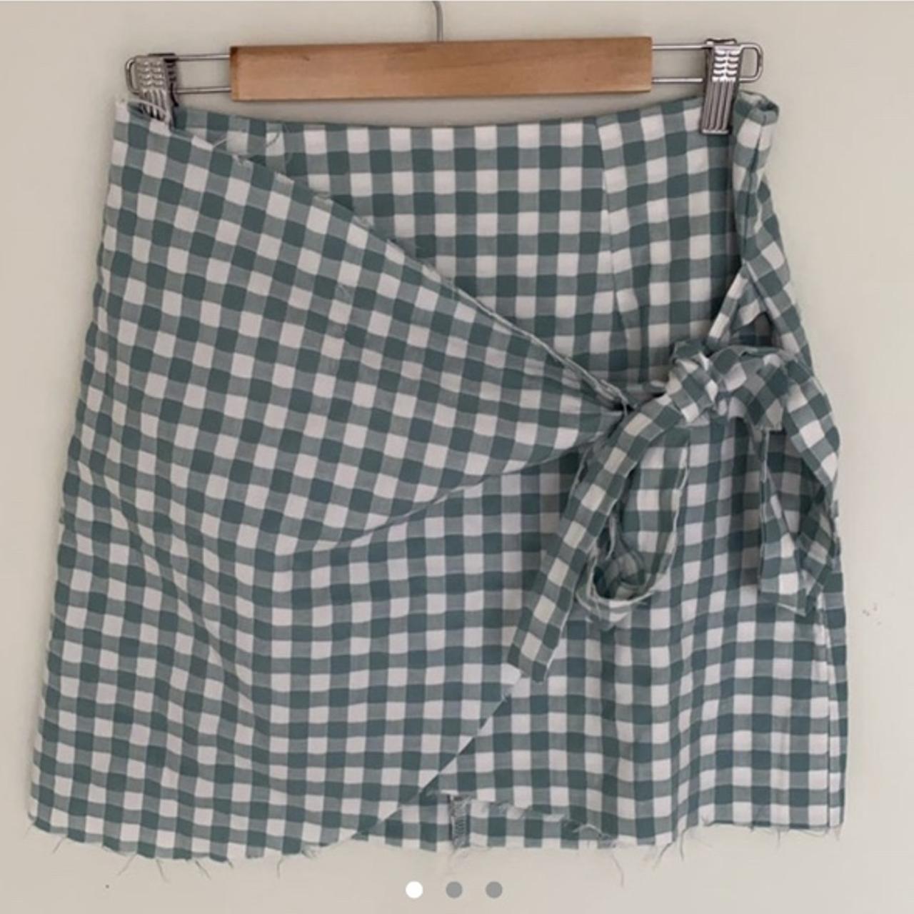 Sage green and white gingham print mini skirt with... - Depop