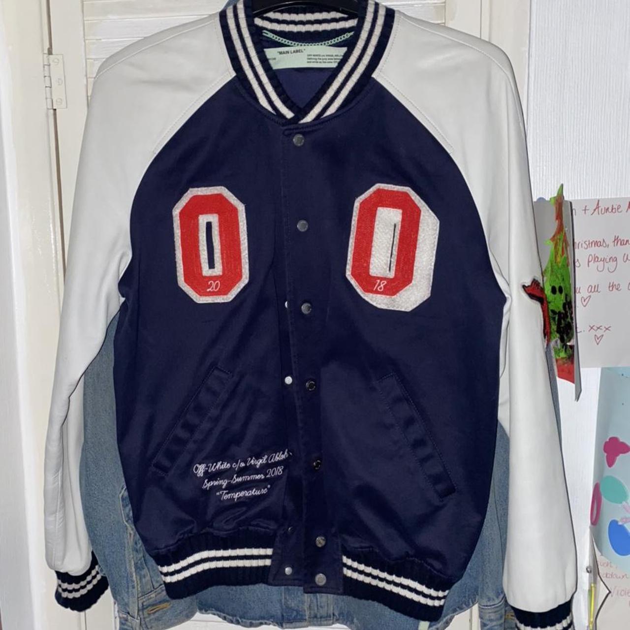 Off white pitch varsity baseball bomber jacket Size... - Depop