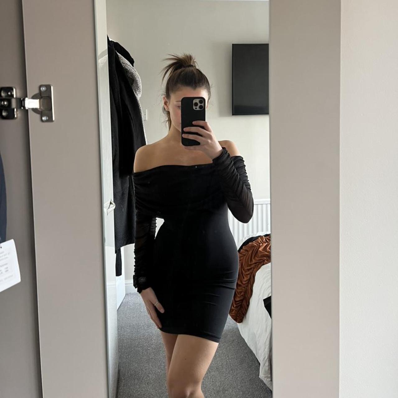 Club L Black Ruched Mesh Bardot Mini Dress,