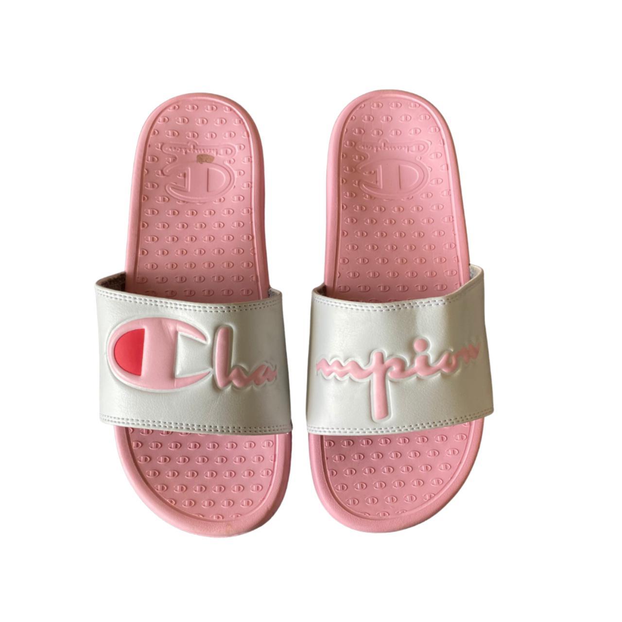 Pink and white champion on sale slides