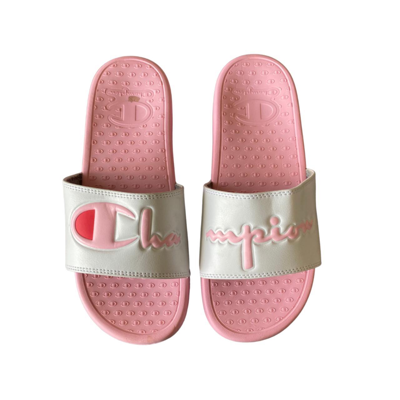 pink and white Champion slides these are sooo