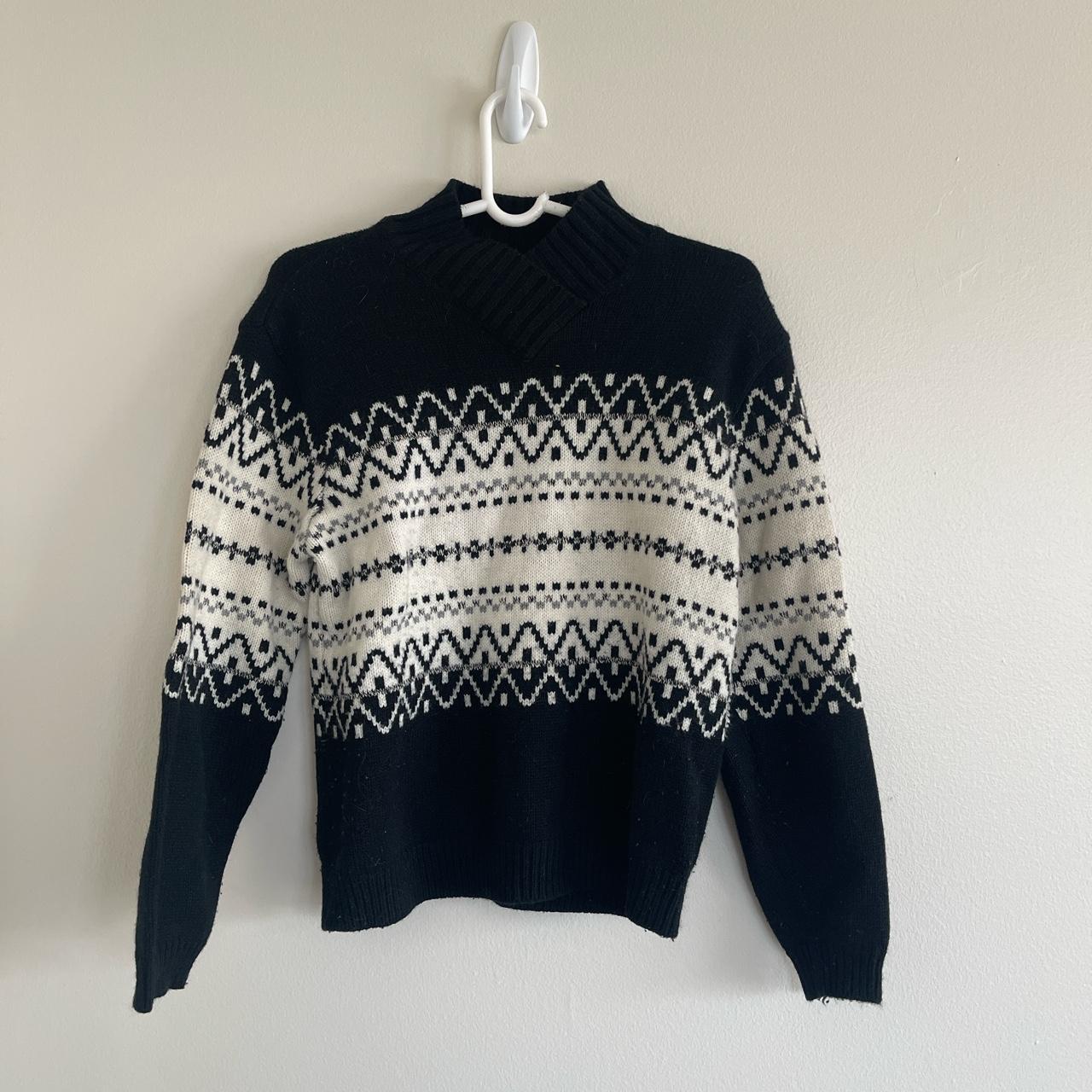 Vintage 90s style cross neck black and white wool... - Depop