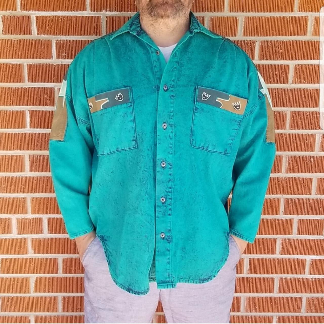 Vintage 1990s Teal Denim Painted Western Shirt. No... - Depop