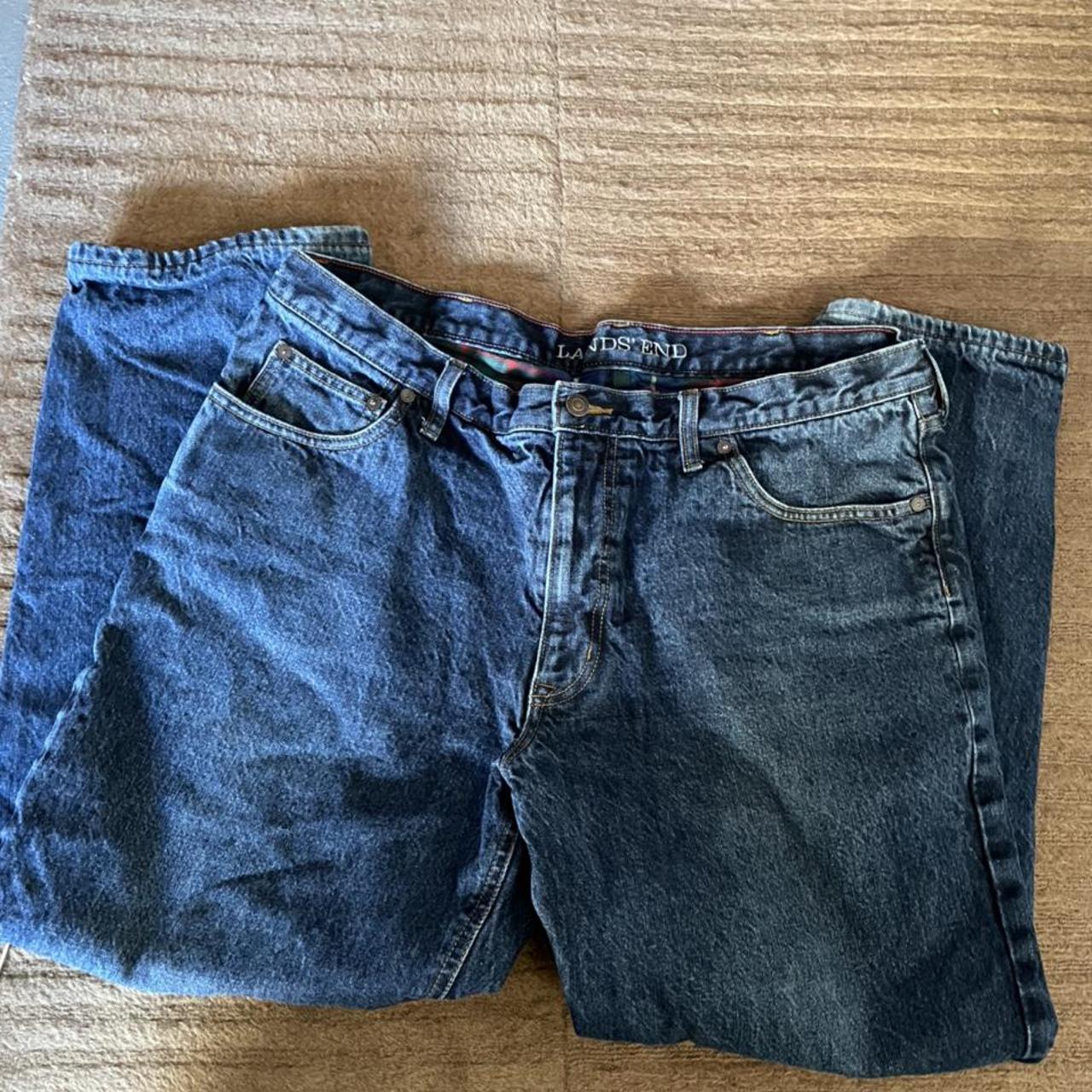 lands-end-dark-wash-jeans-has-flannel-pattern-built-depop