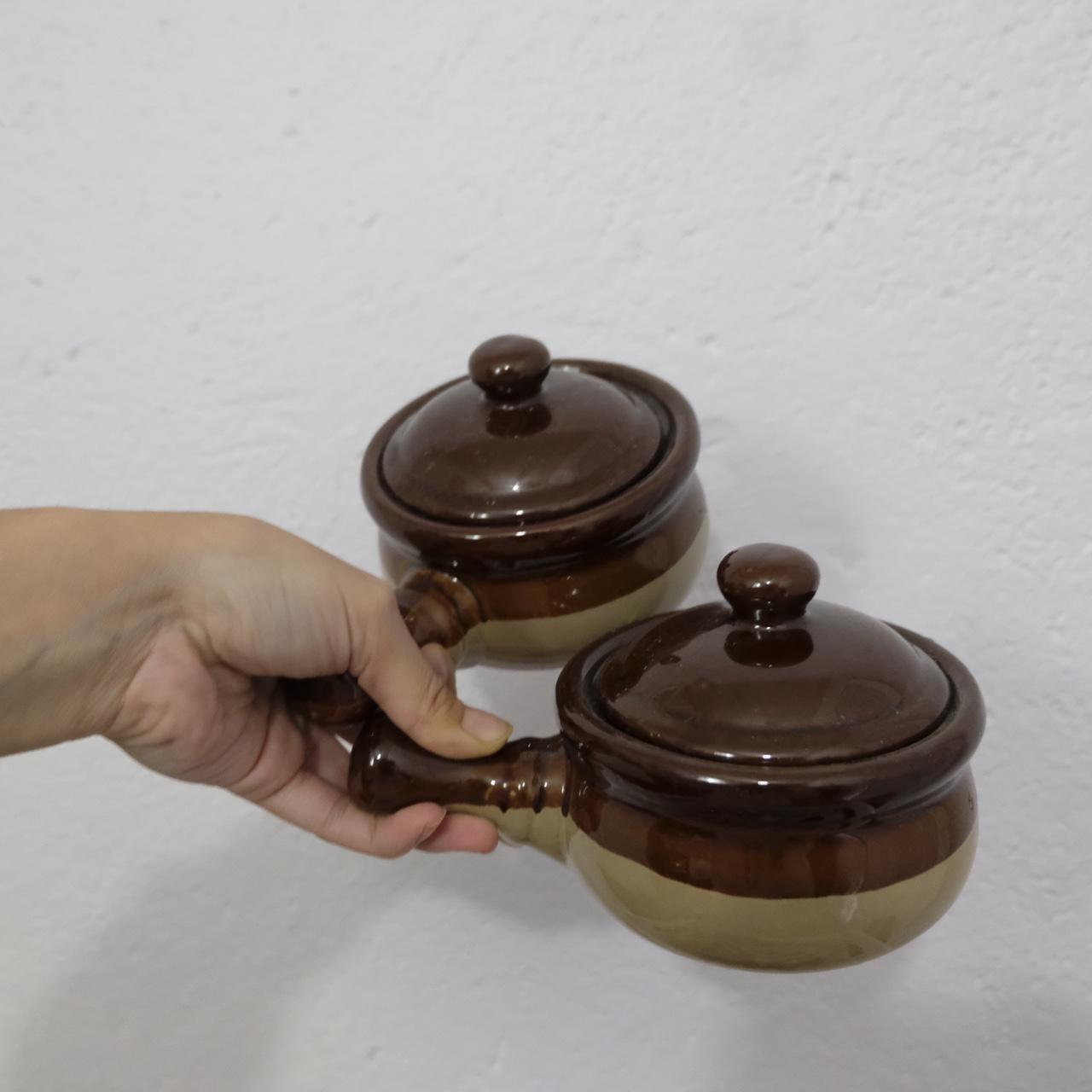 Two French onion soup bowls with handles and tops.... - Depop