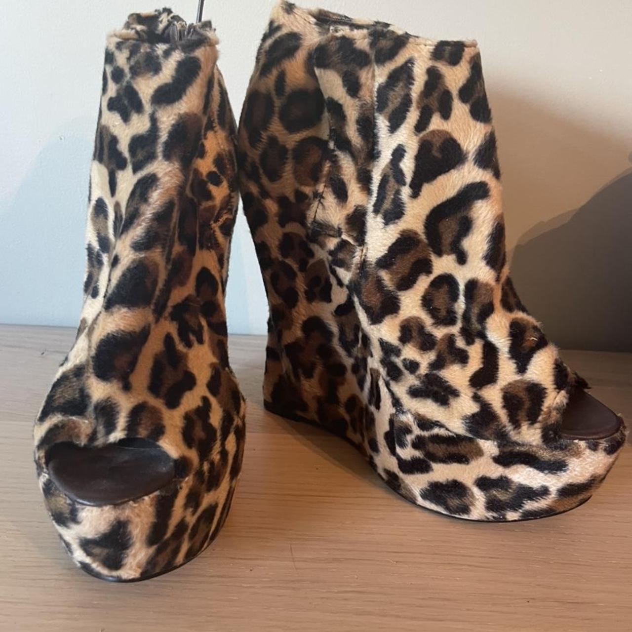 Leopardprint faux fur peep toe ankle boot wedges... - Depop