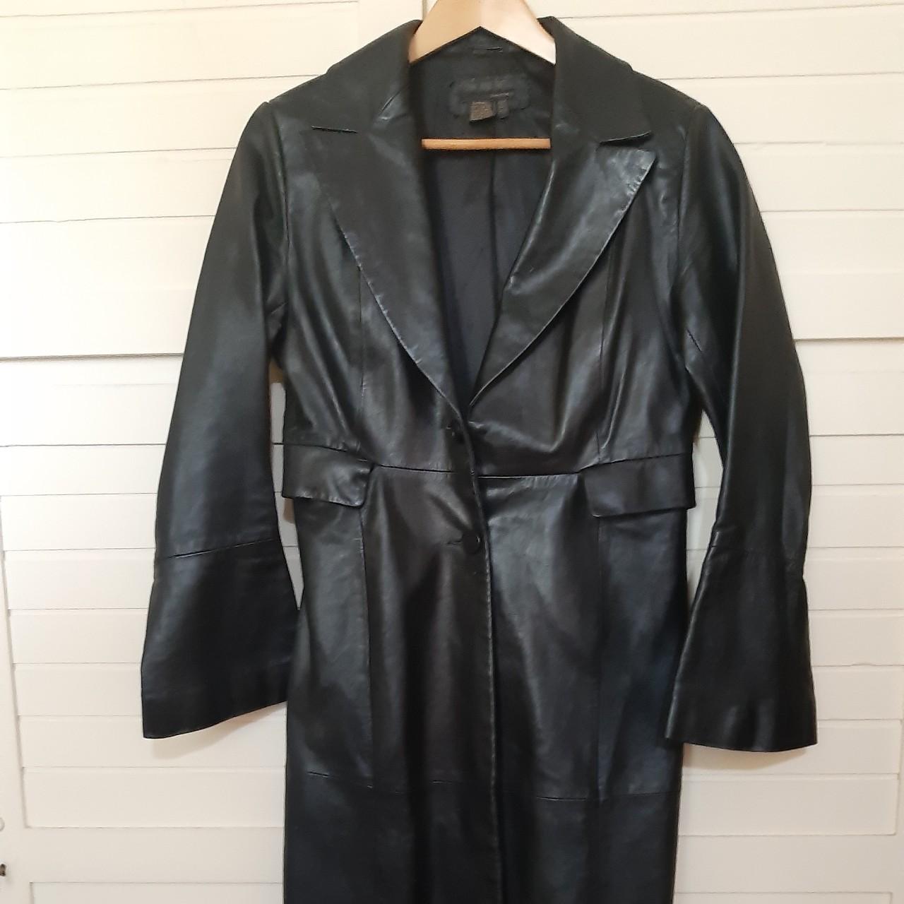 Zara leather trench coat jacket black medium... - Depop