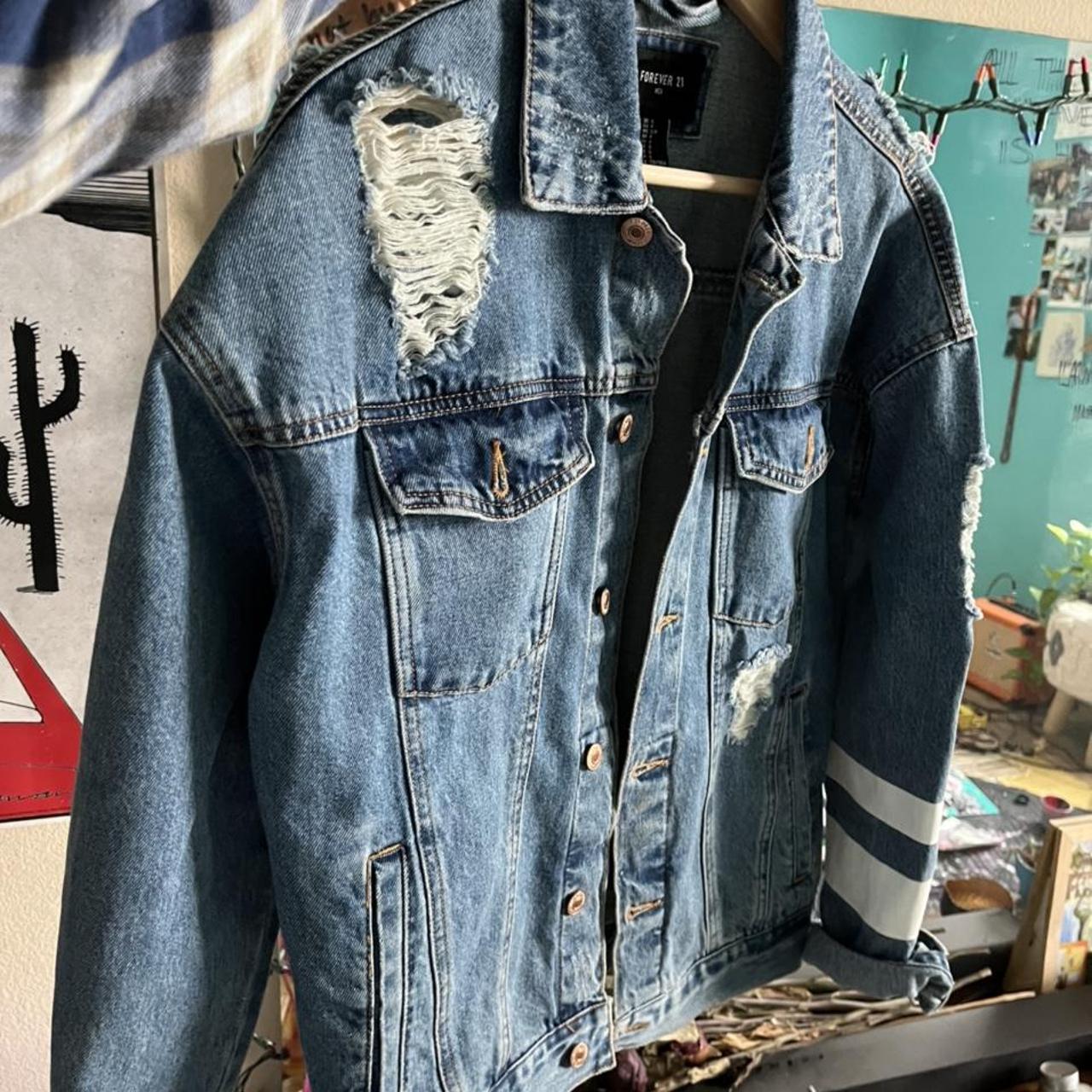 Forever 21 distressed denim jacket Mens small... - Depop