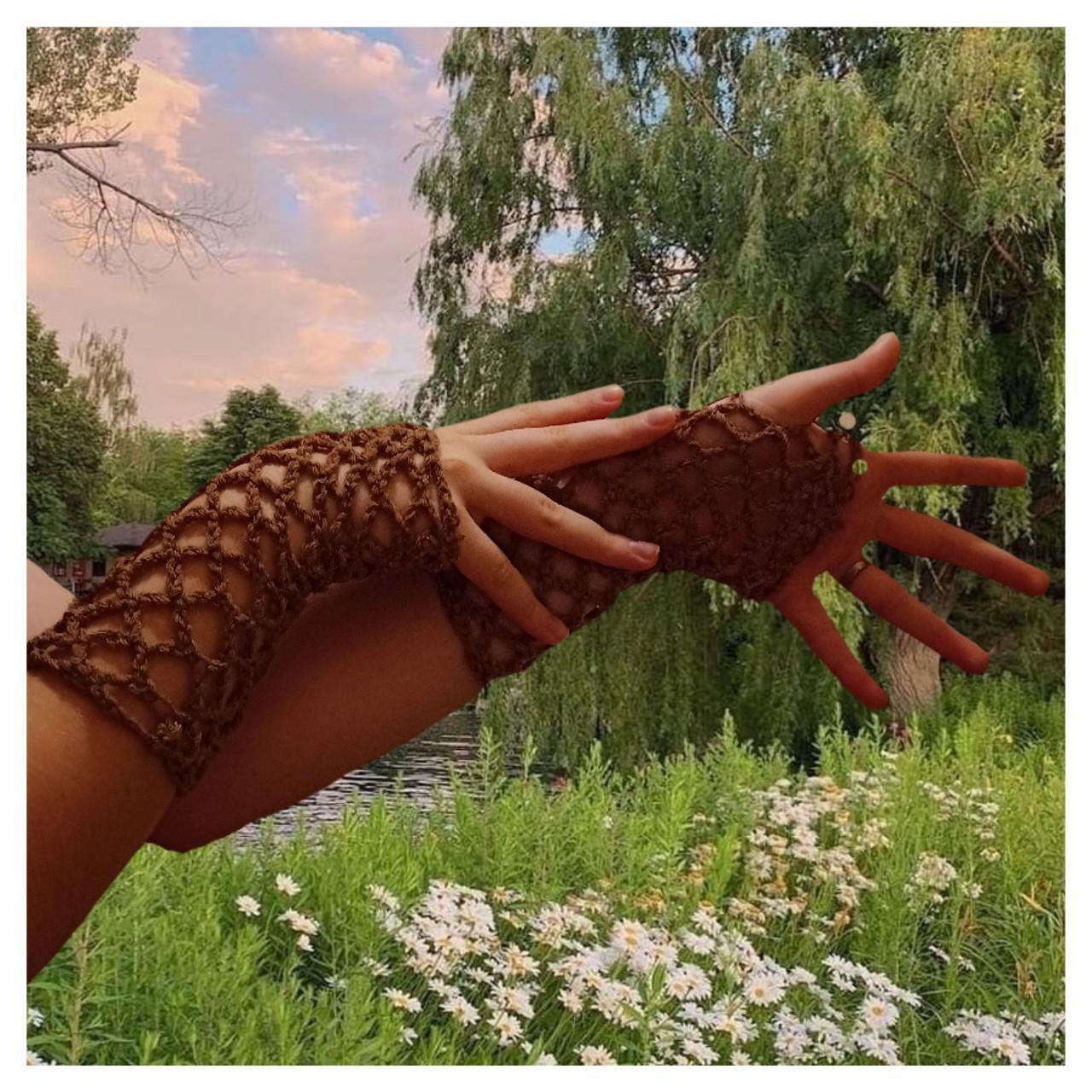 Crochet Gloves Brown, Café Leather