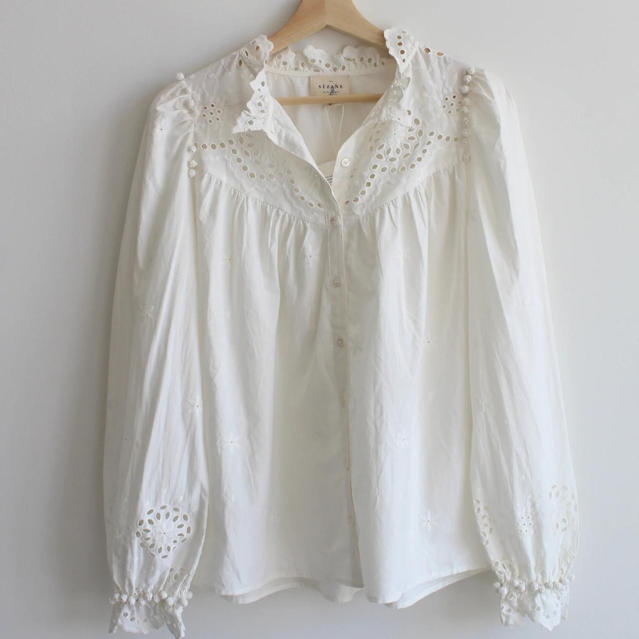 Pre-Loved White Cotton Eyelet Shirt by Sezane... - Depop