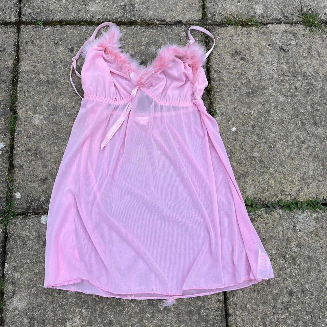 Pink babydoll sheer cami top with faux fluff on trim... - Depop