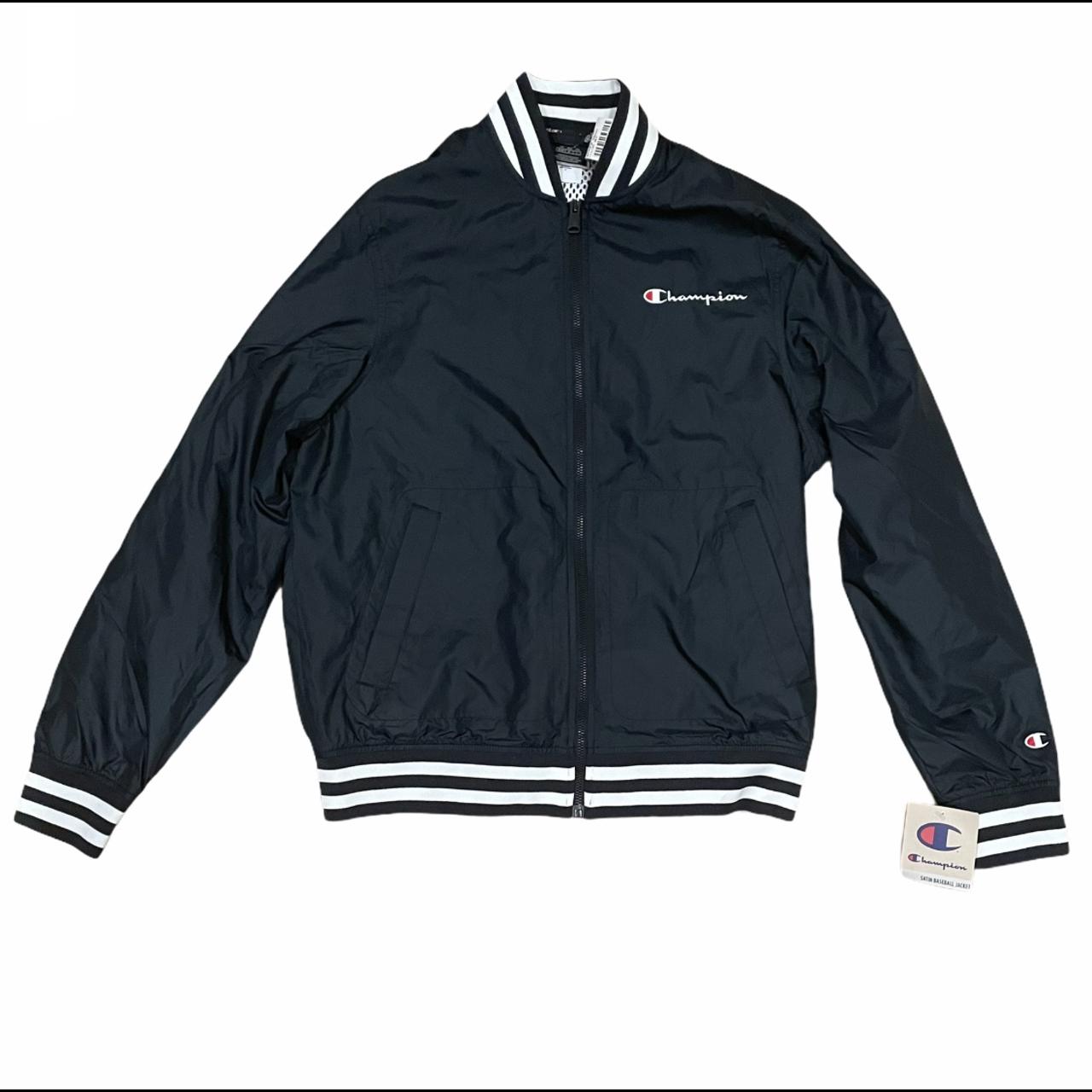 Champion Navy Satin Baseball Jacket with striped Depop