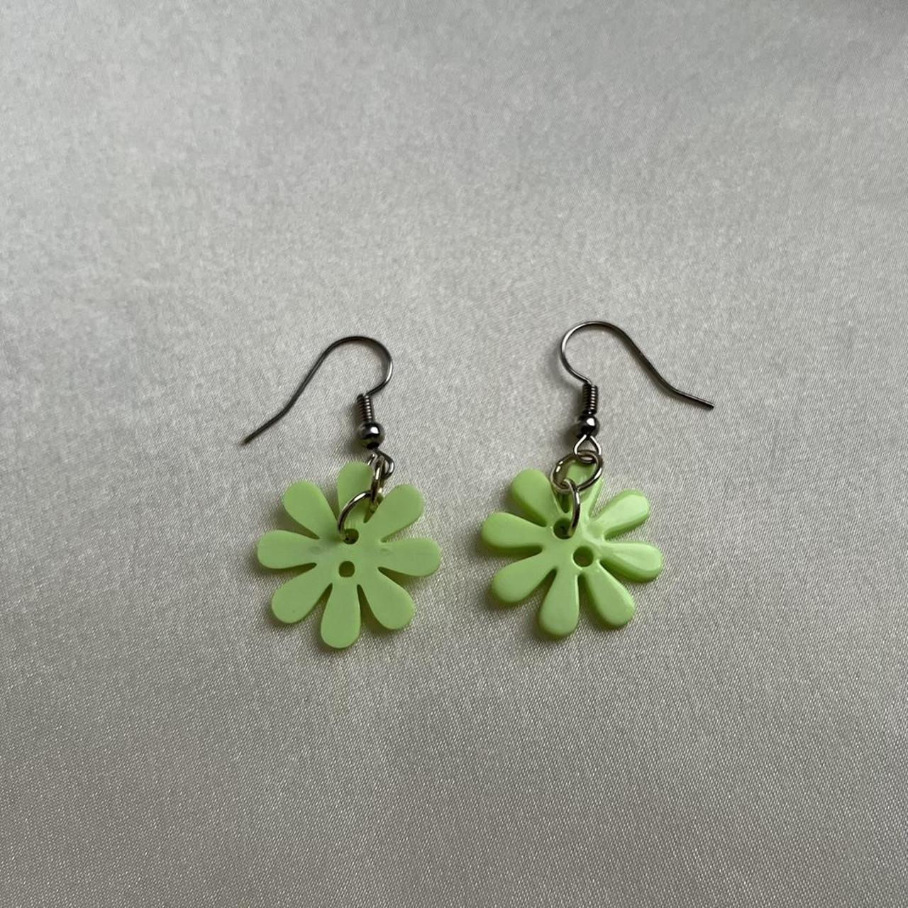 Light Green Flower Dangle Earrings Handmade by... Depop