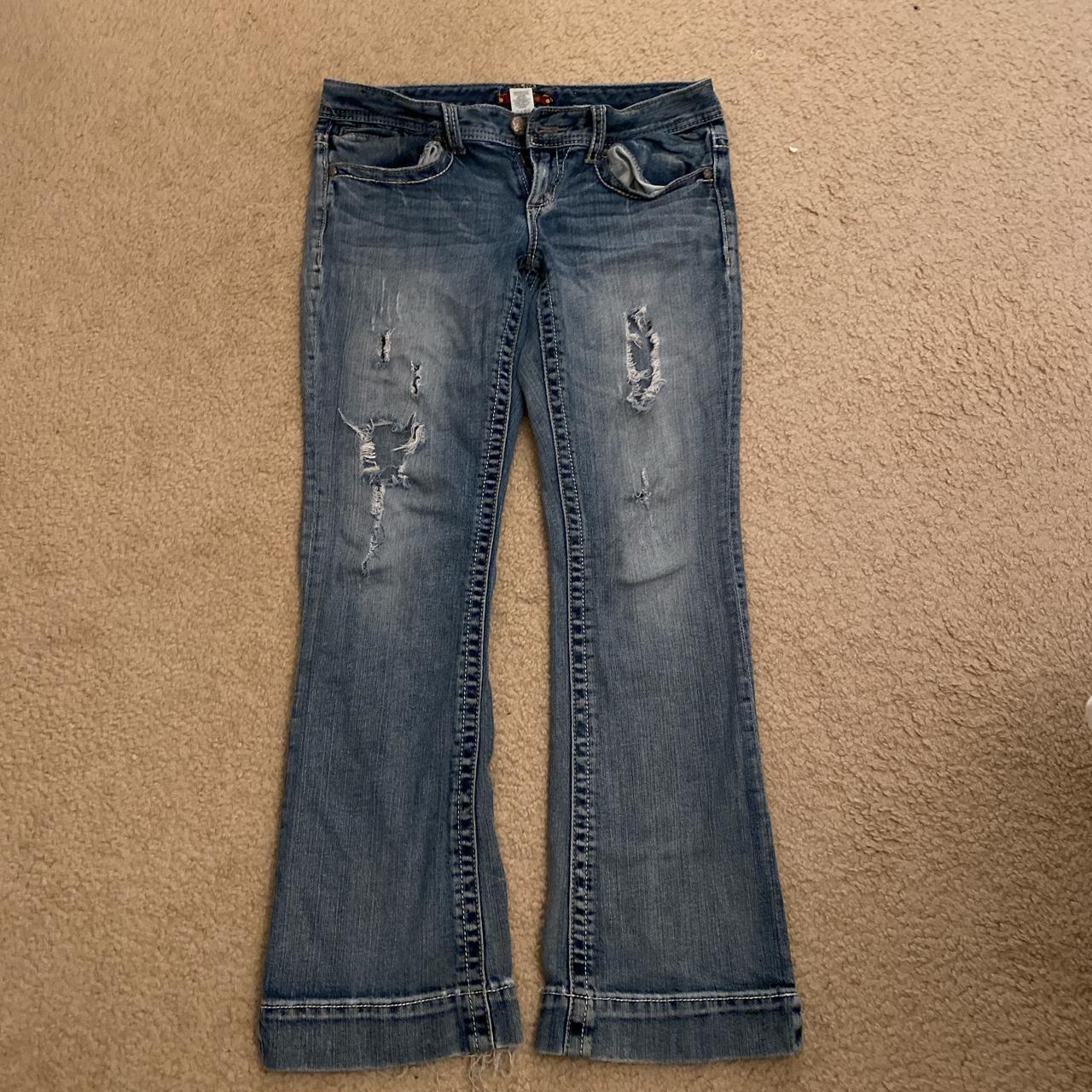 Y2k LOW RISE JEANS ripped WORN ONCE Size 7/8 Fits... - Depop