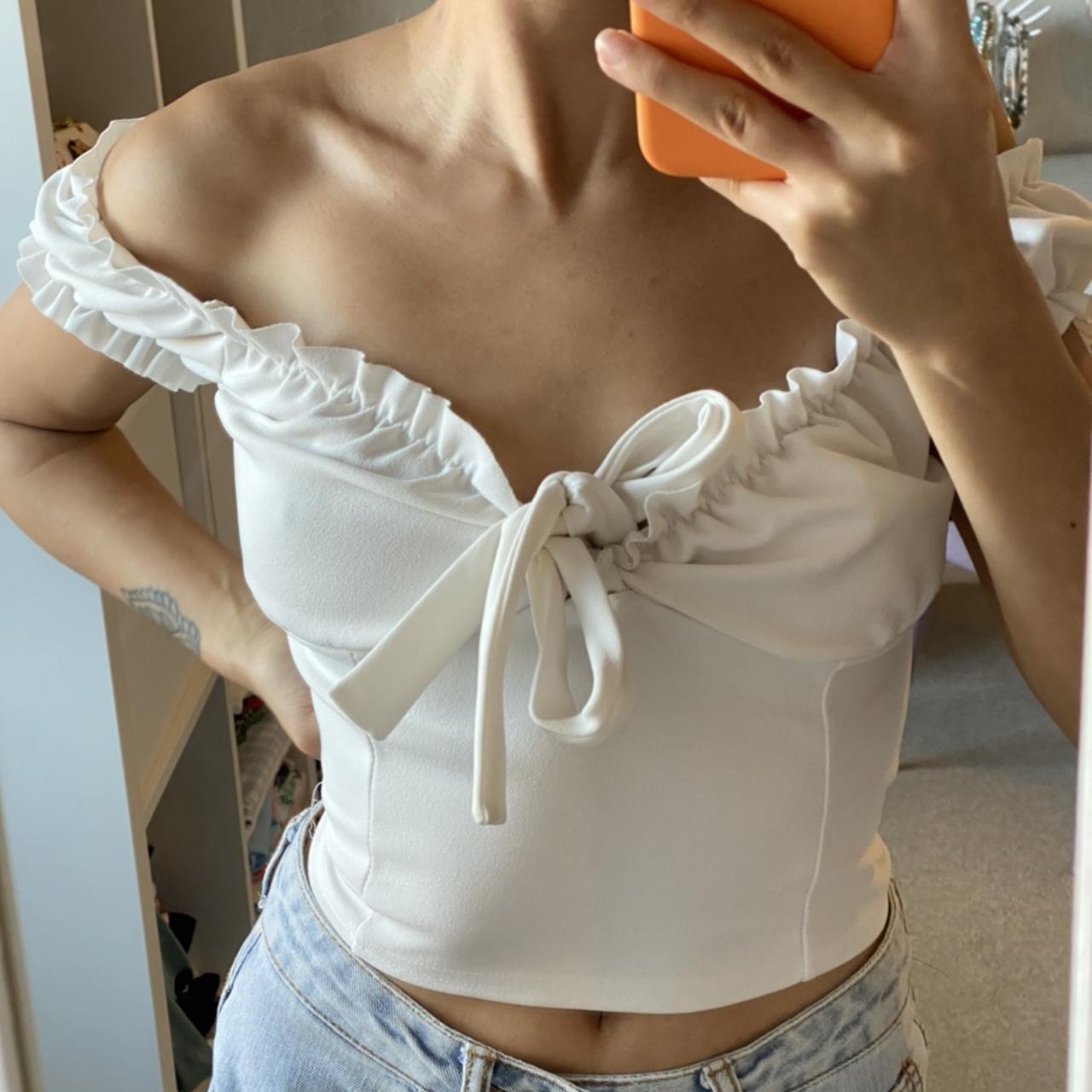 White tie front on sale frill bardot crop top