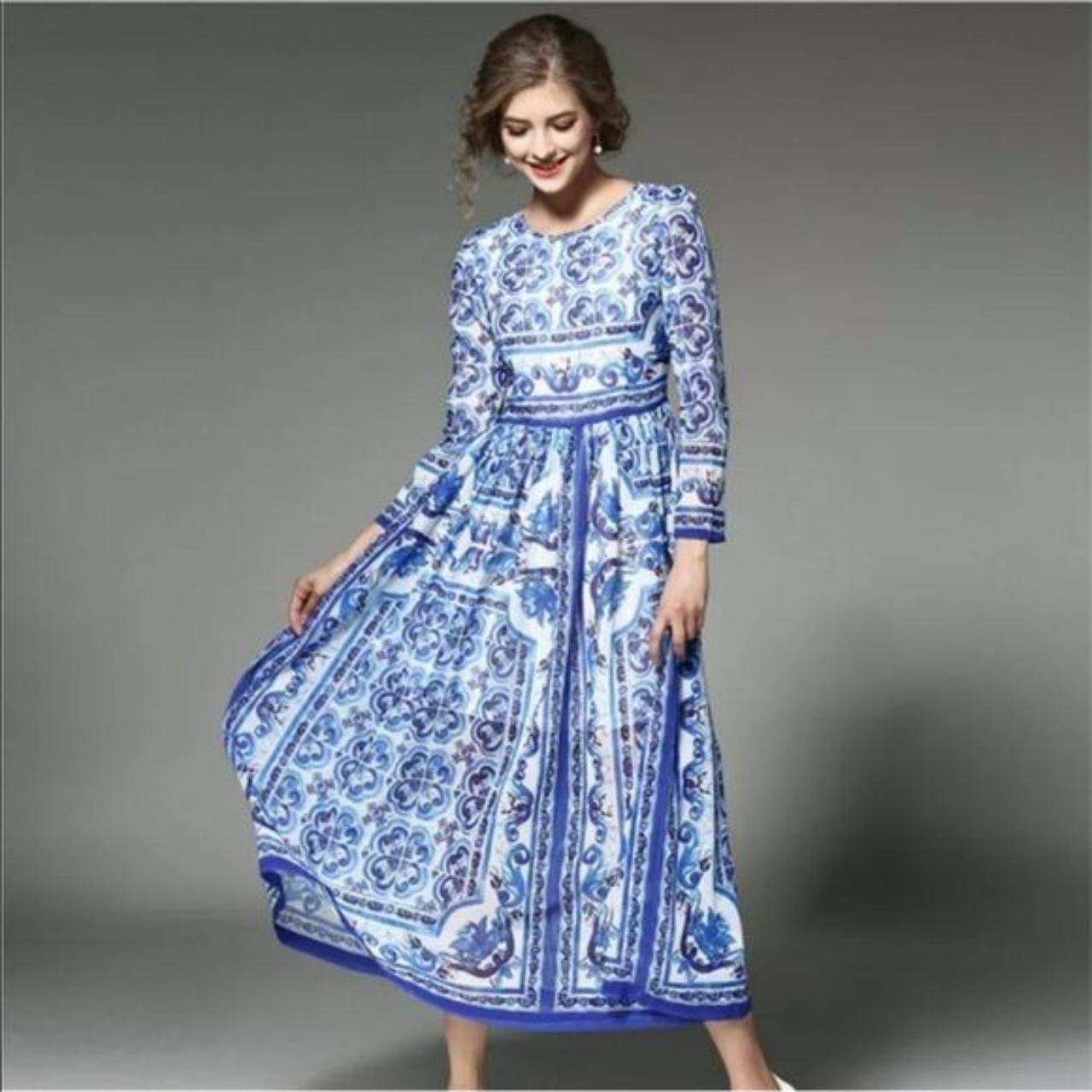 Huang Jin Wu Blue Porcelain Midi Dress Details:... - Depop