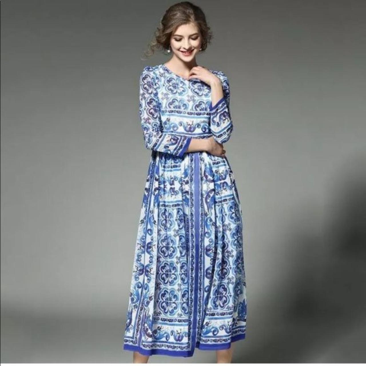 Huang Jin Wu Blue Porcelain Midi Dress Details:... - Depop