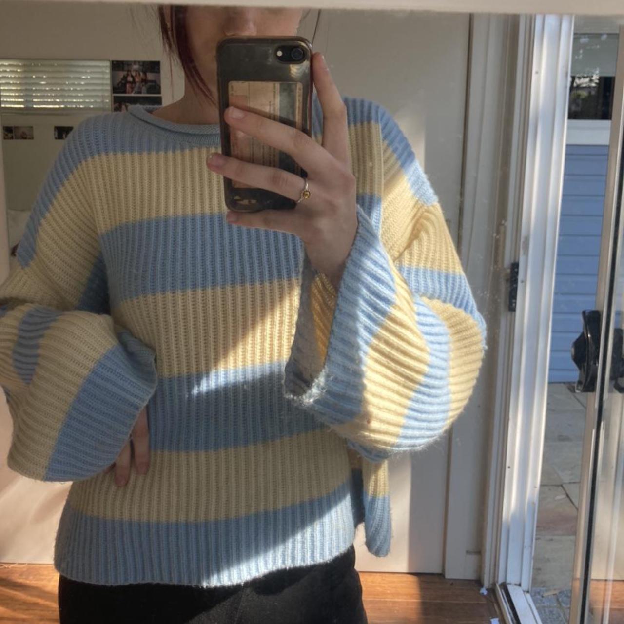 Princess Polly blue & yellow striped jumper w/ bell... - Depop