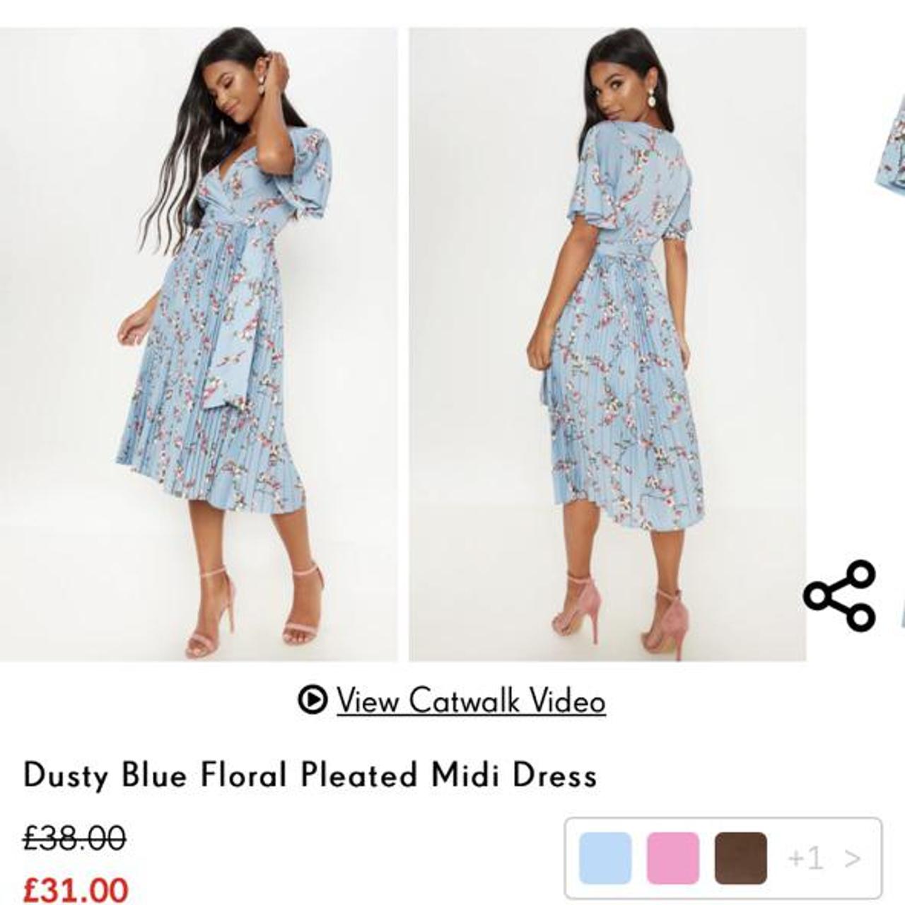 Dusty blue floral pleated midi dress sale