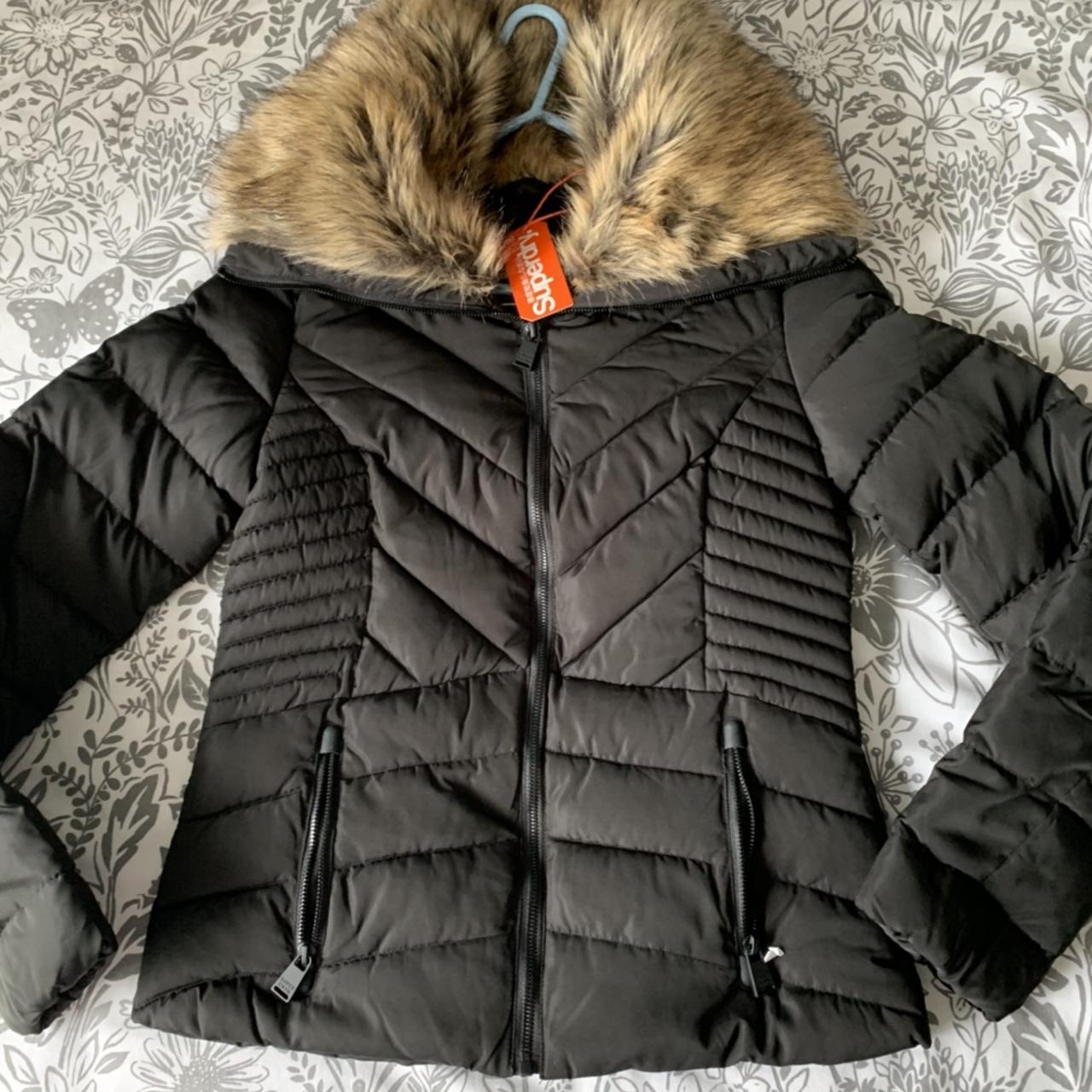 Superdry black puffer jacket with fur collar new... - Depop