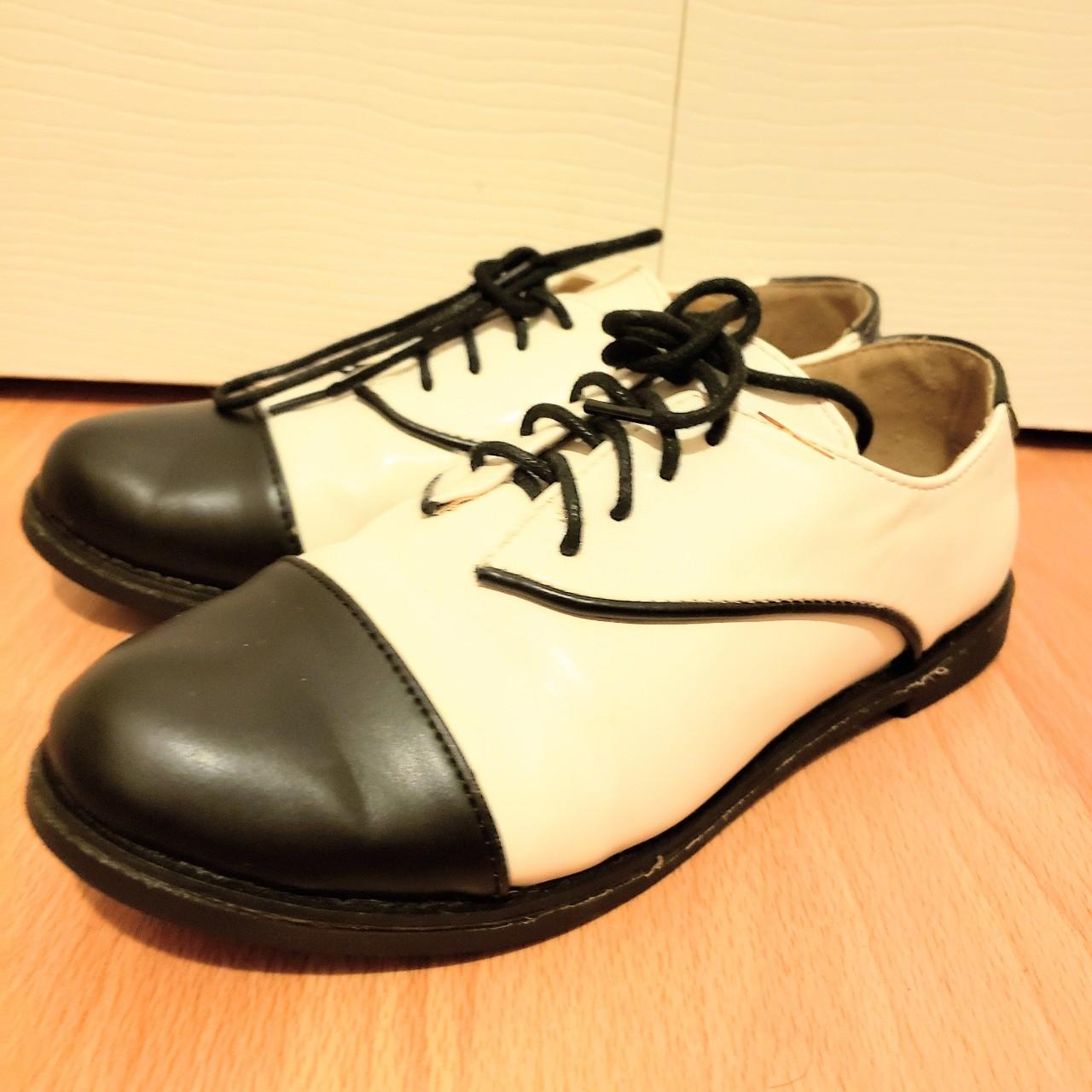 Black and white saddle shoe oxford shoes No size tag... - Depop