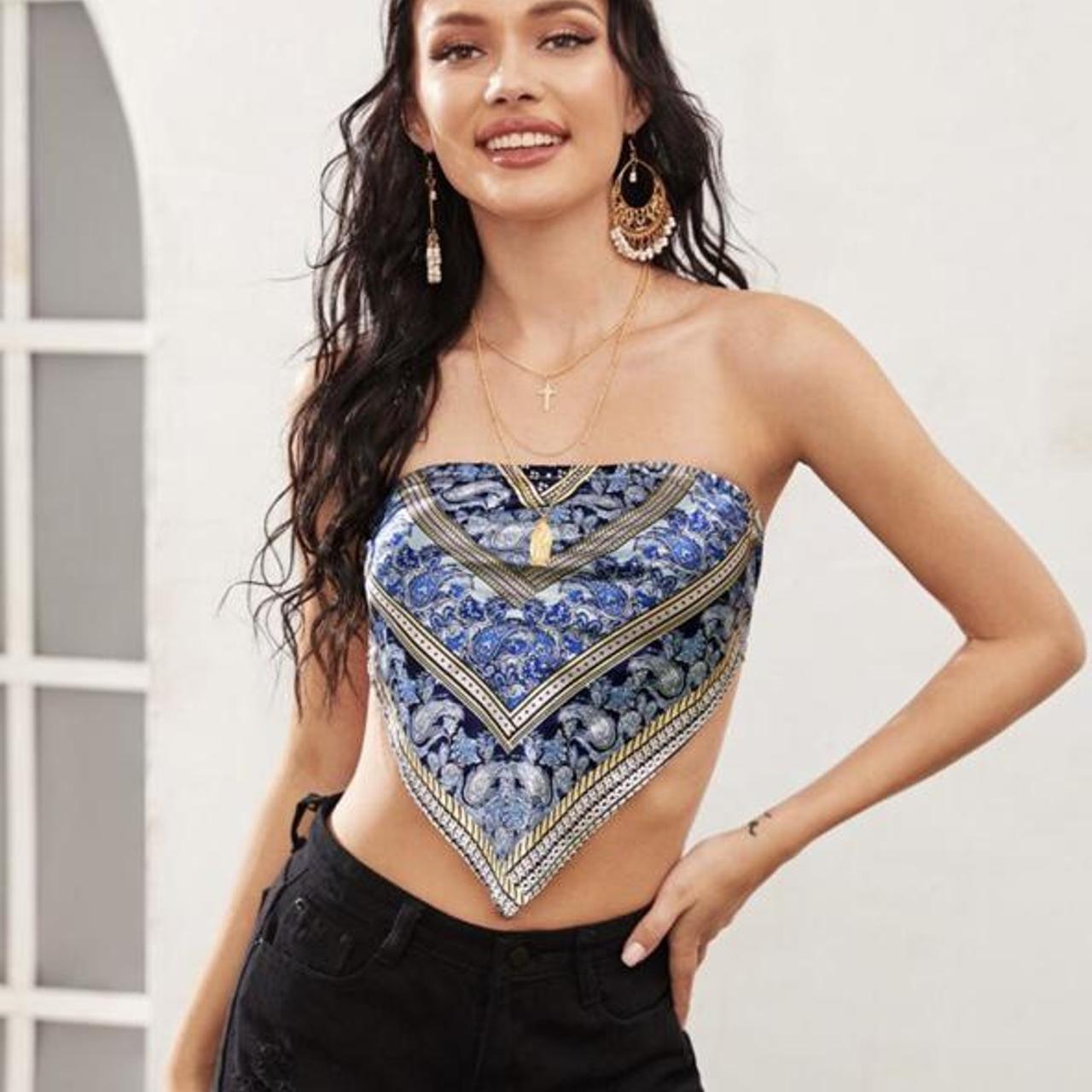 Shein Scarf Top Shein, Blue, Bandanna Scarf Strapless Tie Up
